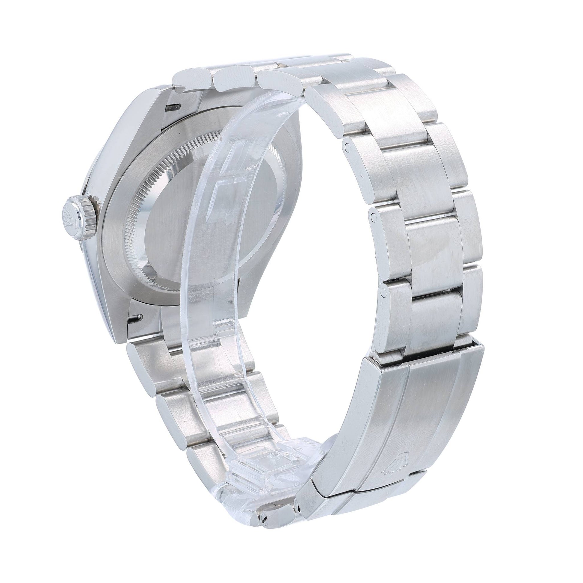 A Rolex Oyster Perpetual watch with a stainless steel bracelet and a beige dial, shown against a plain white background.