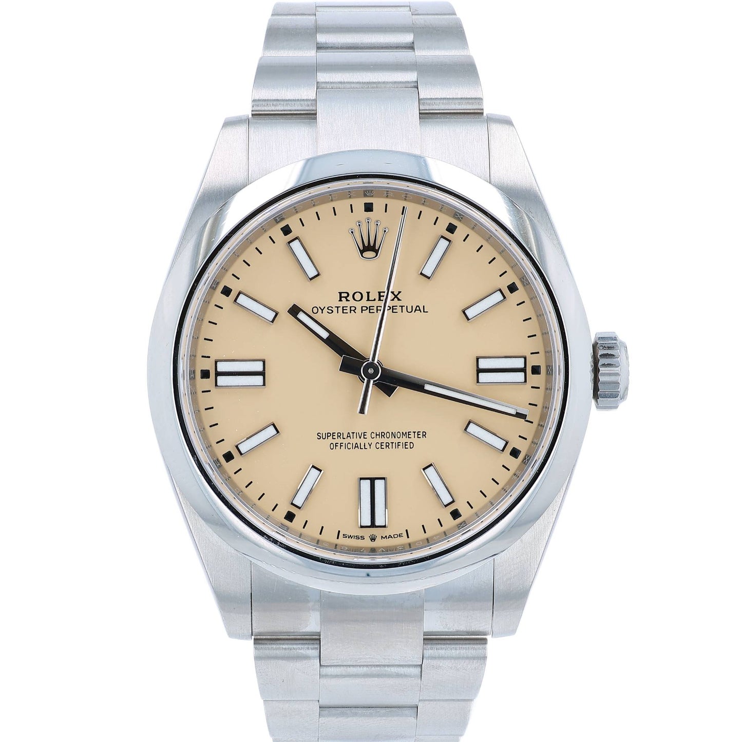 A Rolex Oyster Perpetual watch with a stainless steel bracelet and a beige dial, shown against a plain white background.