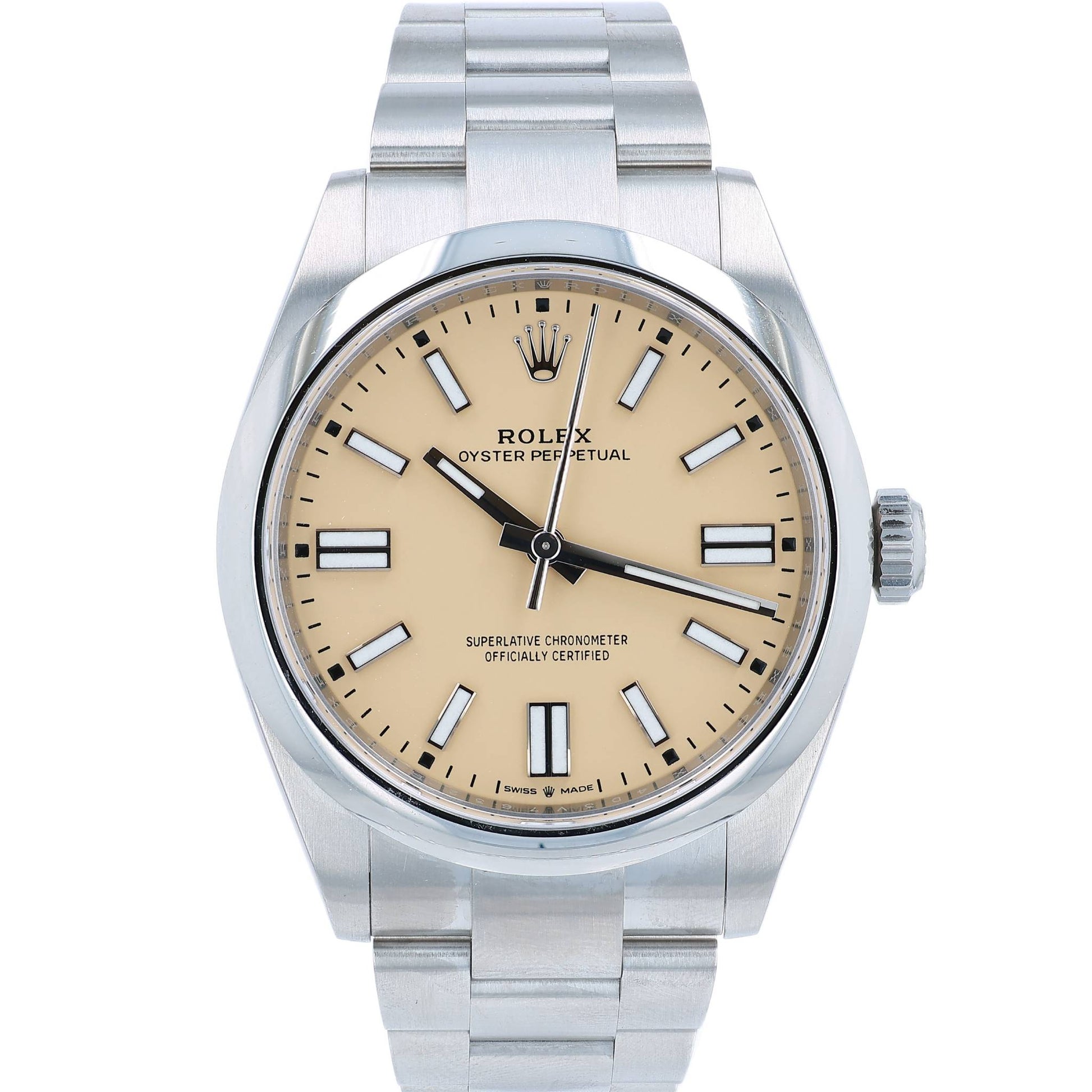 A Rolex Oyster Perpetual watch with a stainless steel bracelet and a beige dial, shown against a plain white background.