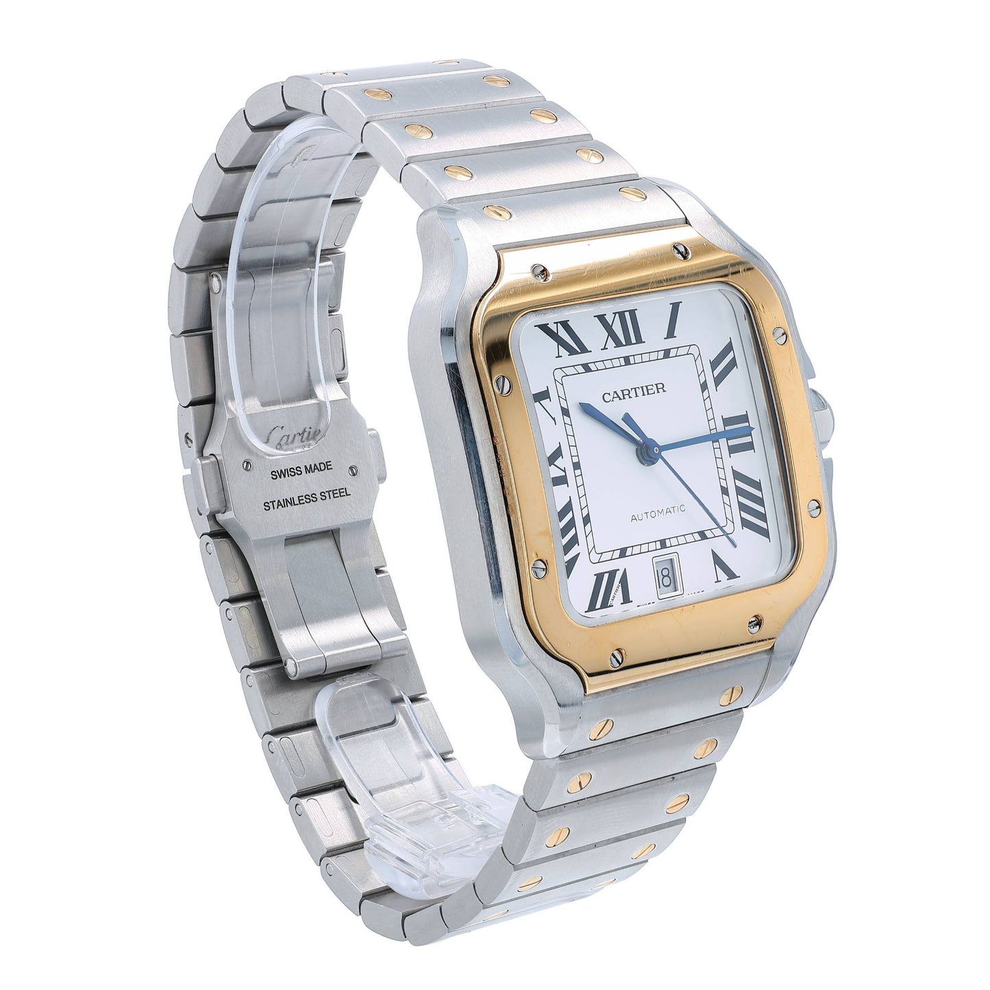 A Cartier stainless steel and yellow gold automatic watch with a silver dial, Roman numeral hour markers, and a matching two-tone metal bracelet, shown against a plain white background.