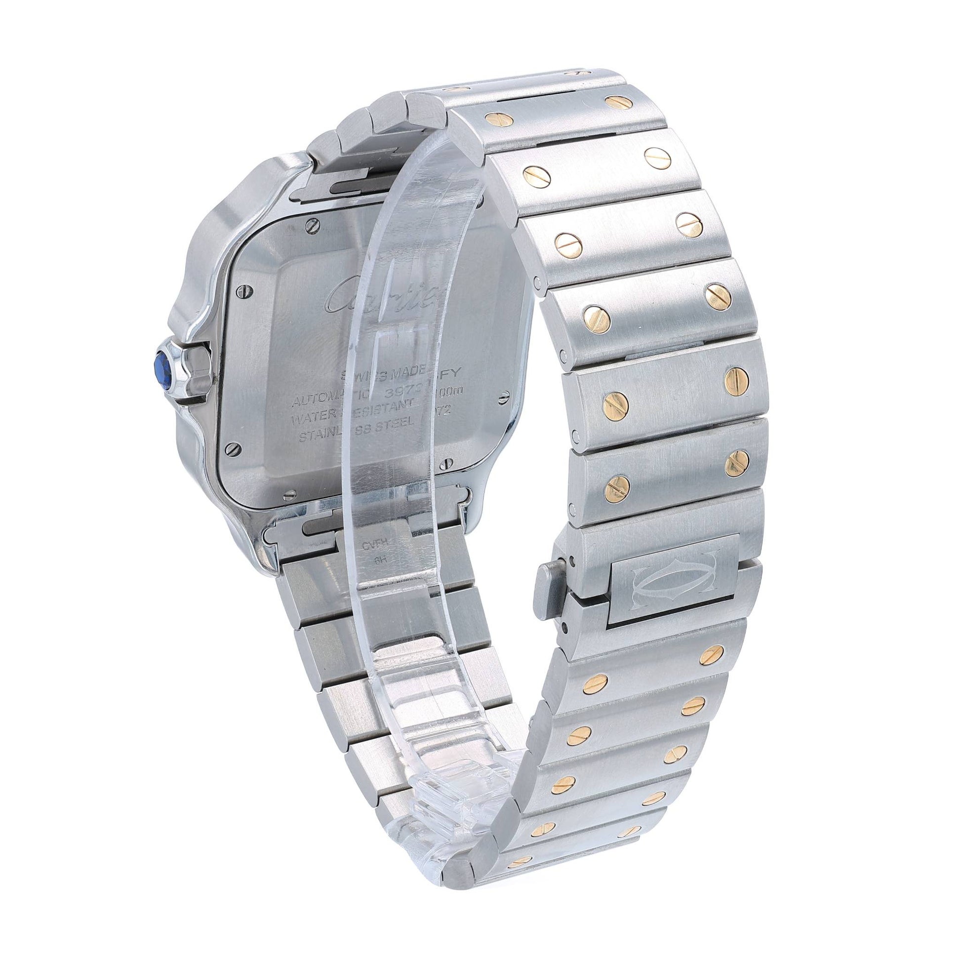 A Cartier stainless steel and yellow gold automatic watch with a silver dial, Roman numeral hour markers, and a matching two-tone metal bracelet, shown against a plain white background.