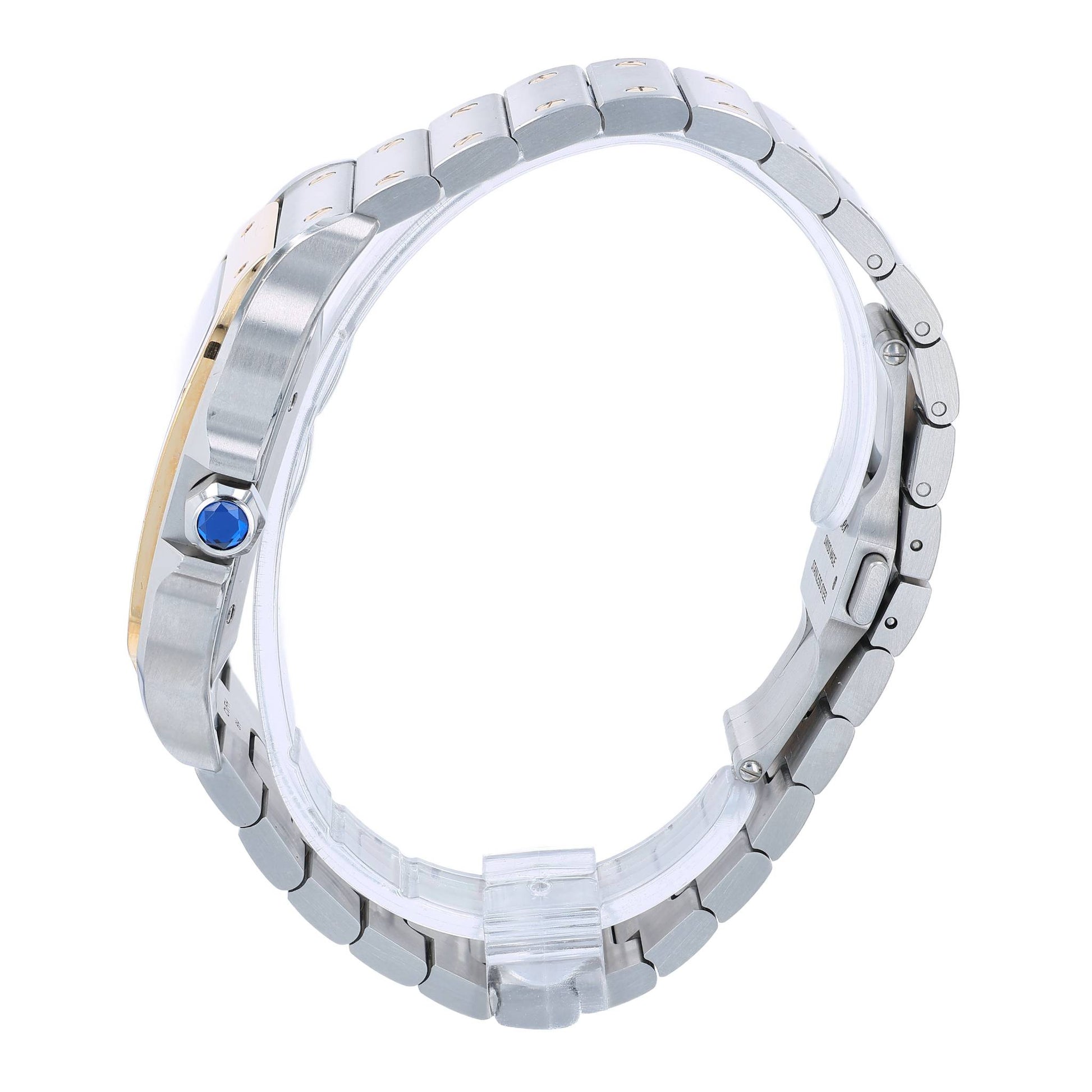 A Cartier stainless steel and yellow gold automatic watch with a silver dial, Roman numeral hour markers, and a matching two-tone metal bracelet, shown against a plain white background.
