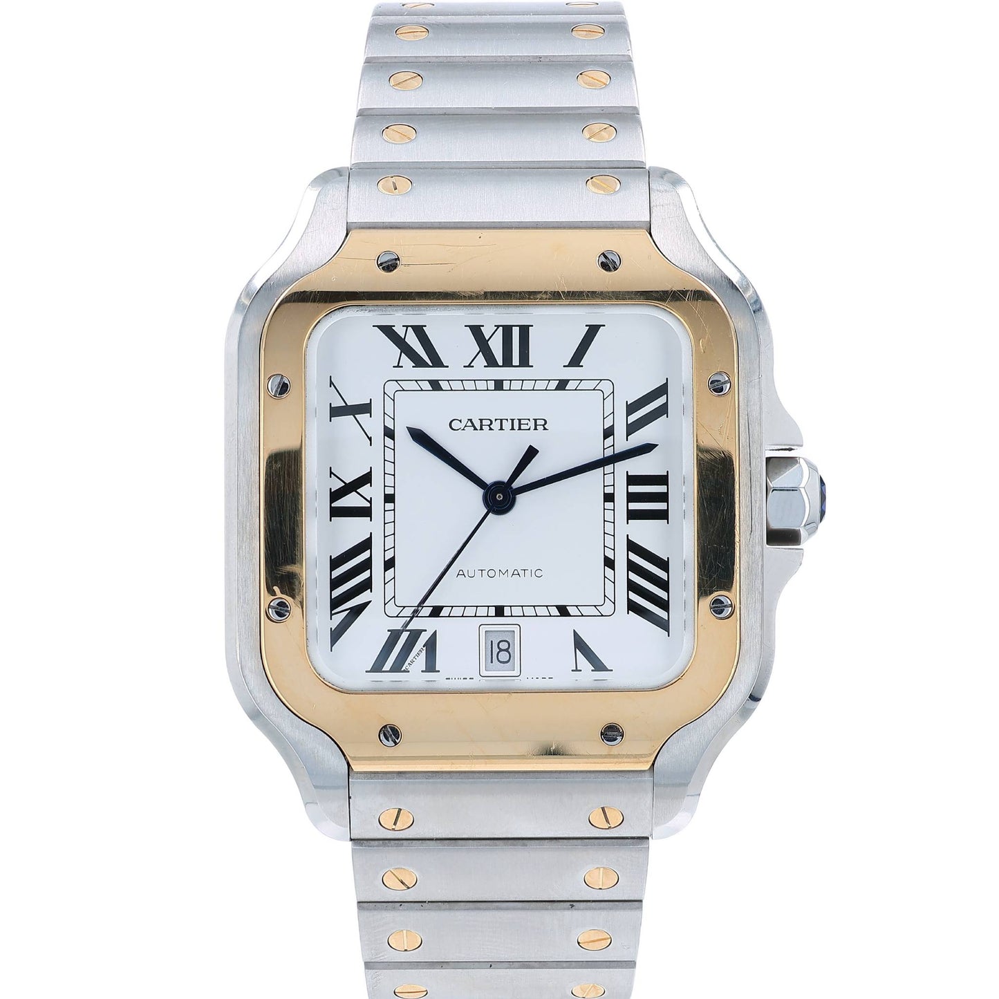 A Cartier stainless steel and yellow gold automatic watch with a silver dial, Roman numeral hour markers, and a matching two-tone metal bracelet, shown against a plain white background.