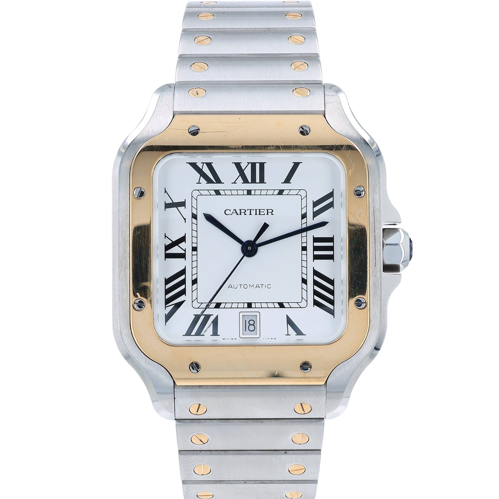 A Cartier stainless steel and yellow gold automatic watch with a silver dial, Roman numeral hour markers, and a matching two-tone metal bracelet, shown against a plain white background.