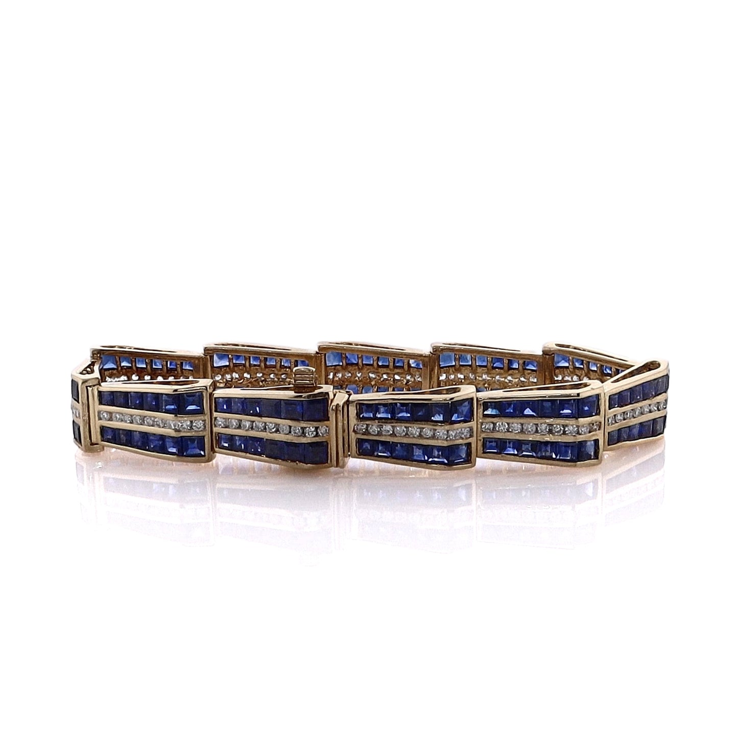 Estate 18 Karat Yellow Gold Tapered Link Sapphire and Diamond Bracelet