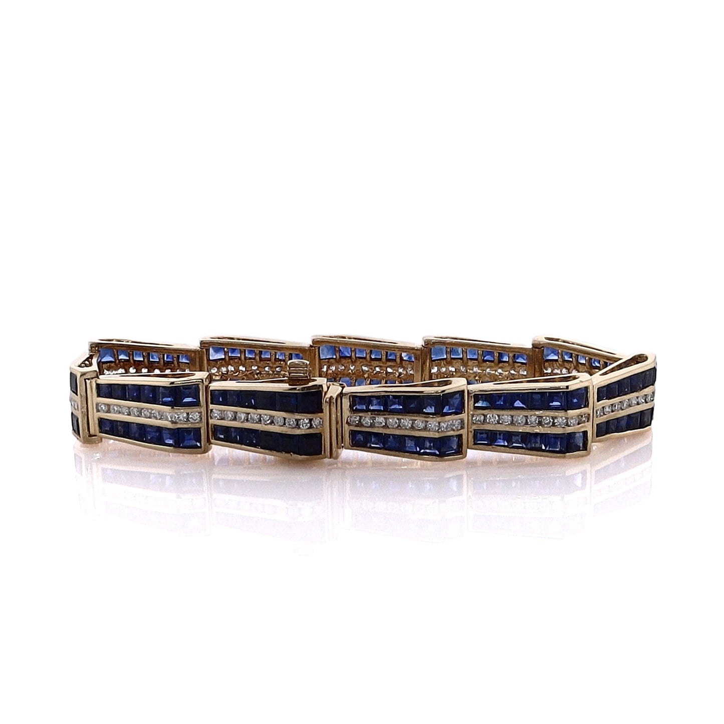 Estate 18 Karat Yellow Gold Tapered Link Sapphire and Diamond Bracelet