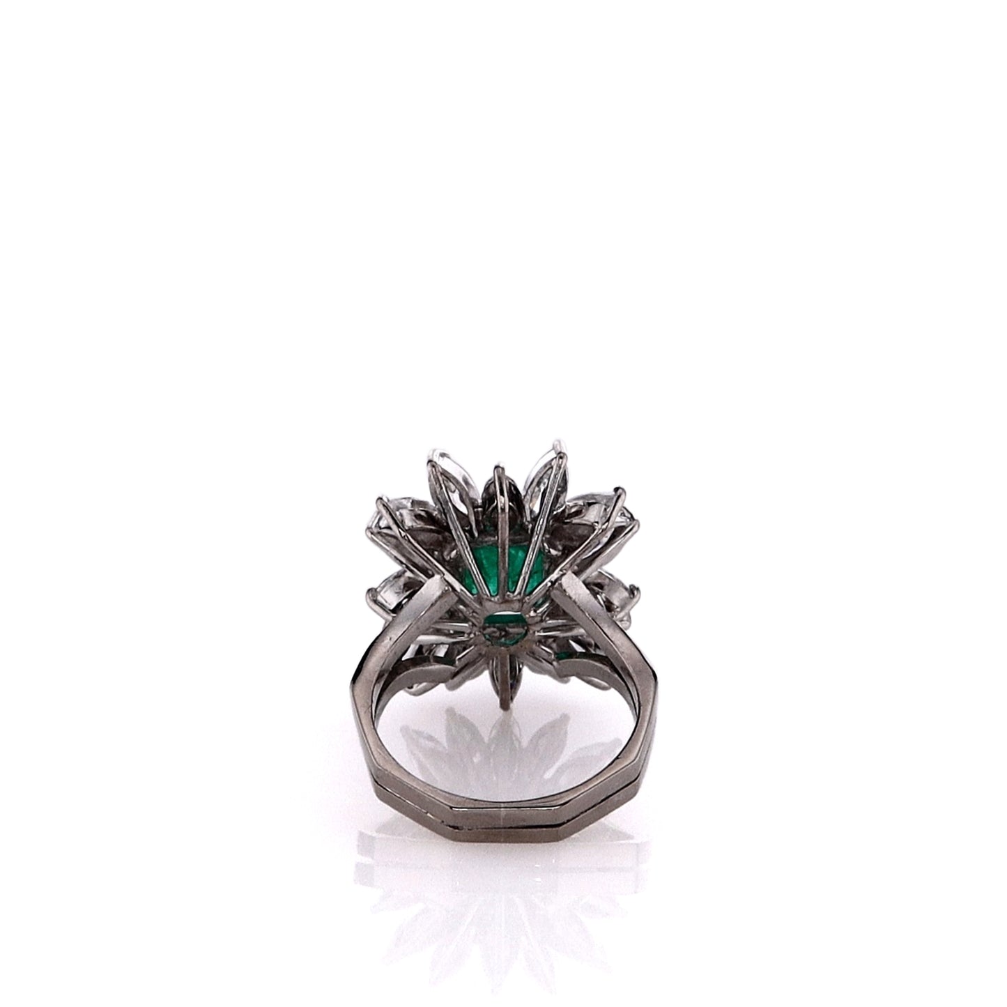 Estate 18k White Gold Star Burst Design Emerald and Diamond Split Shank Ring