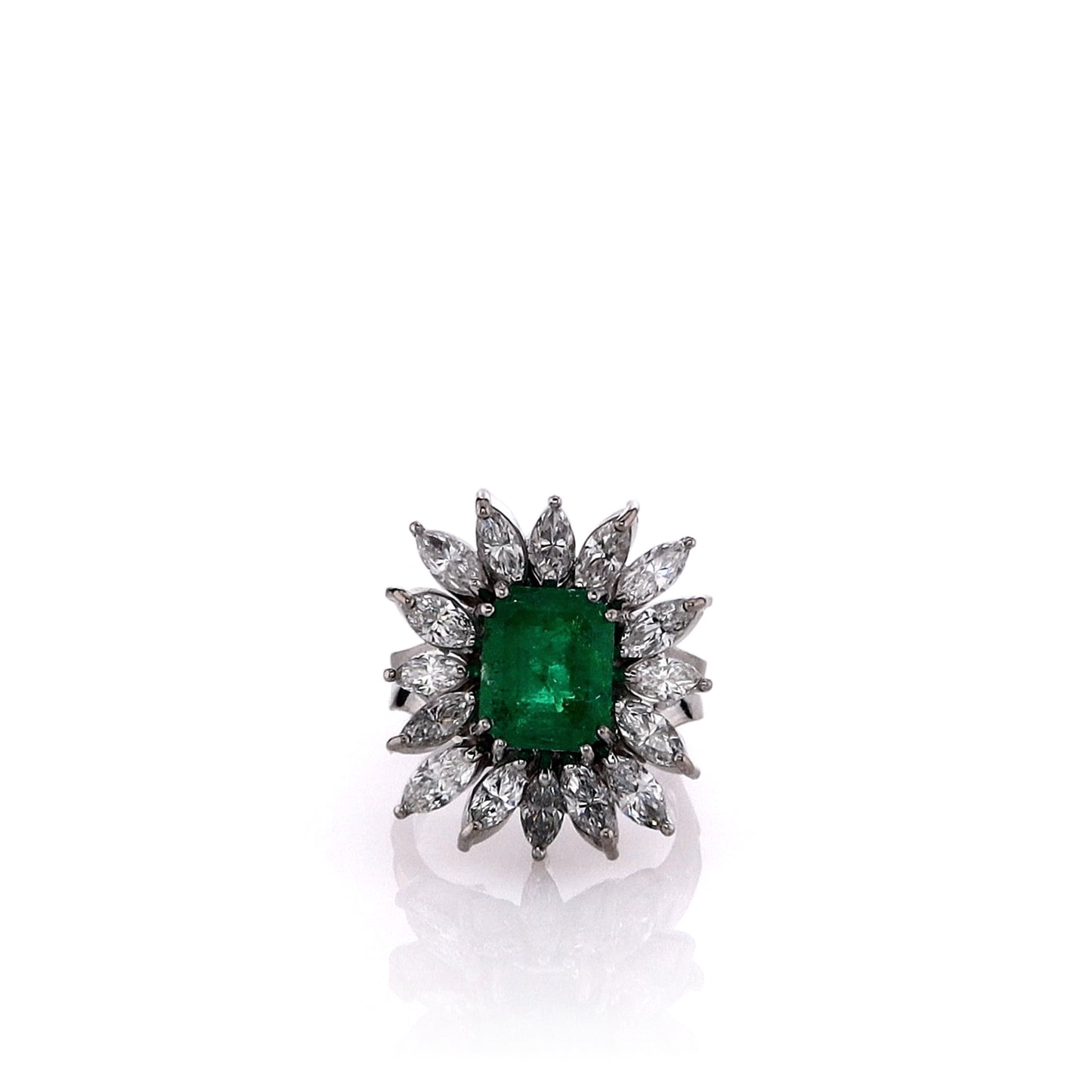 Estate 18k White Gold Star Burst Design Emerald and Diamond Split Shank Ring