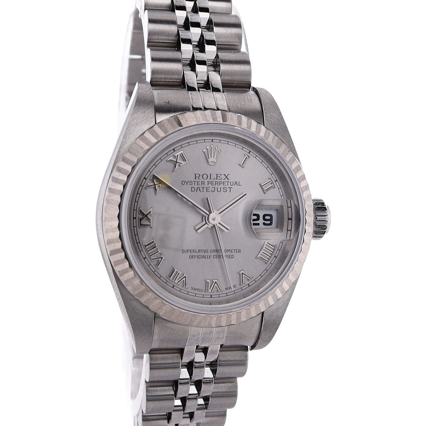 Estate Rolex Stainless Steel And 18 Karat White Gold OPDJ Rhodium Roman Dial 79174 W/Box & Papers C.2004