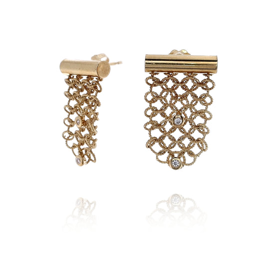 Estate 18 Karat Yellow Gold Mesh Links Diamond Stimulant Earrings