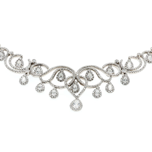 Estate 18k White Gold Crown Design Pave Diamond Swirl Halo Collar Necklace