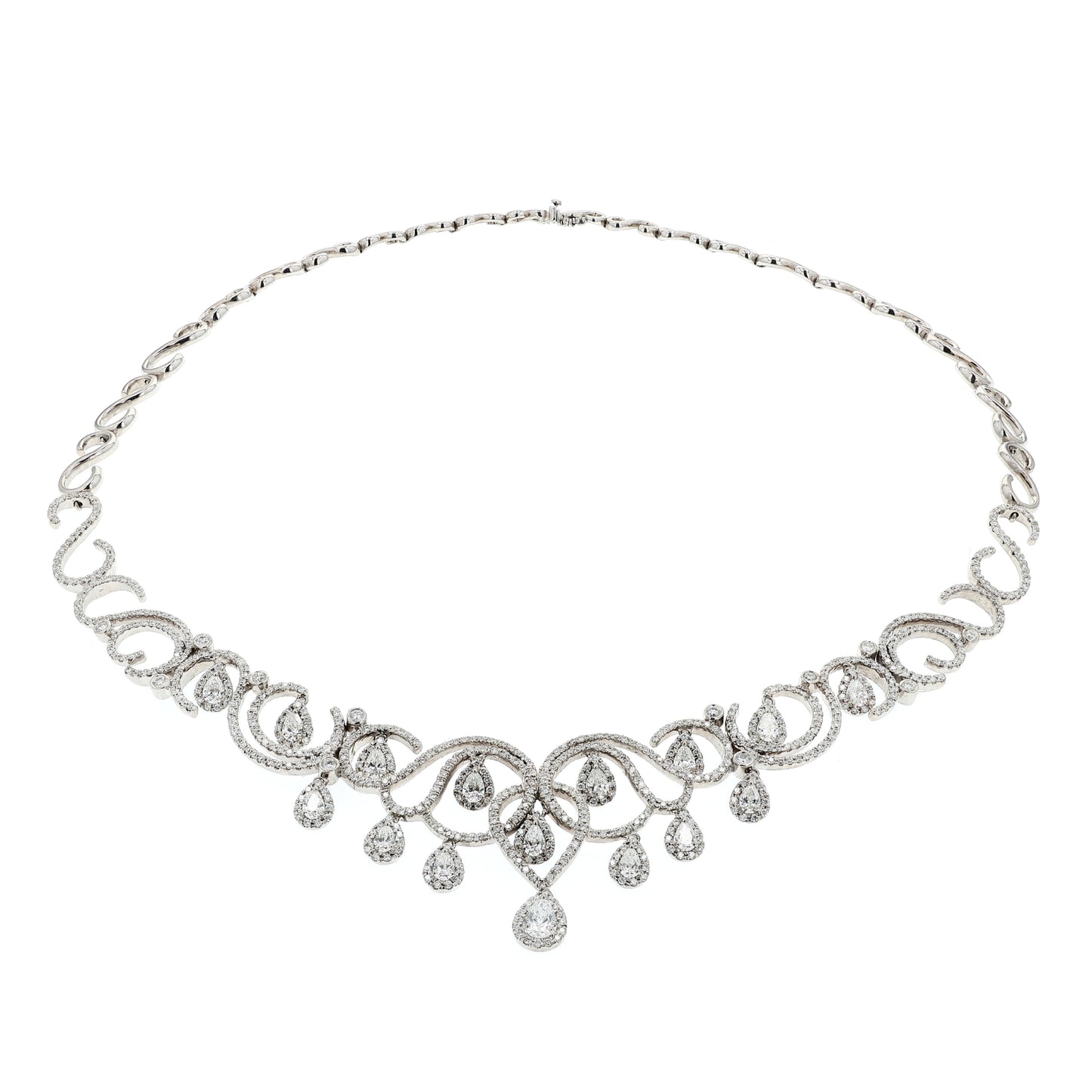 Estate 18k White Gold Crown Design Pave Diamond Swirl Halo Collar Necklace