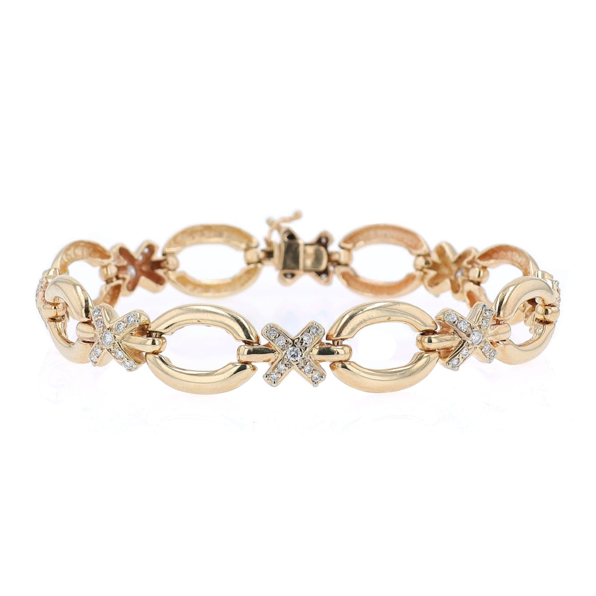Estate 14k Yellow Gold and Diamond Polished Oval Links "X" Bracelet