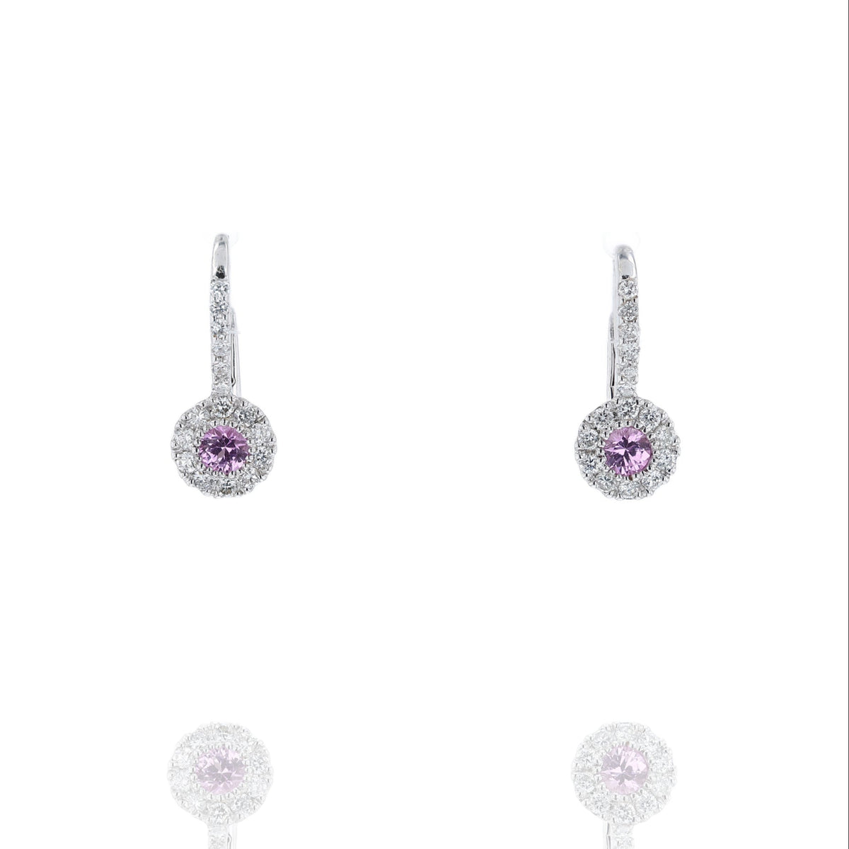 Estate Gregg Ruth 18k White Gold Pink Sapphire and Diamond Huggie Lever Back Earrings