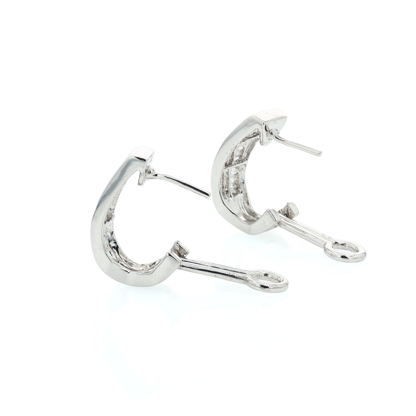 Estate 14k White Gold Invisible Set Diamond J Hoop Earrings