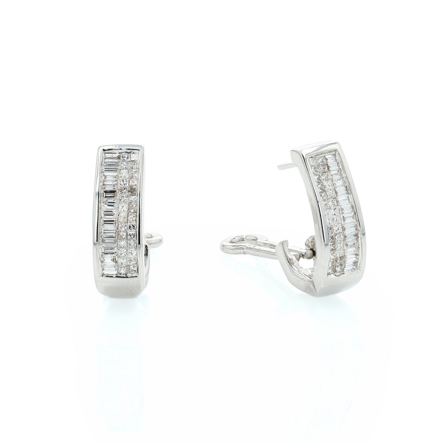 Estate 14k White Gold Invisible Set Diamond J Hoop Earrings