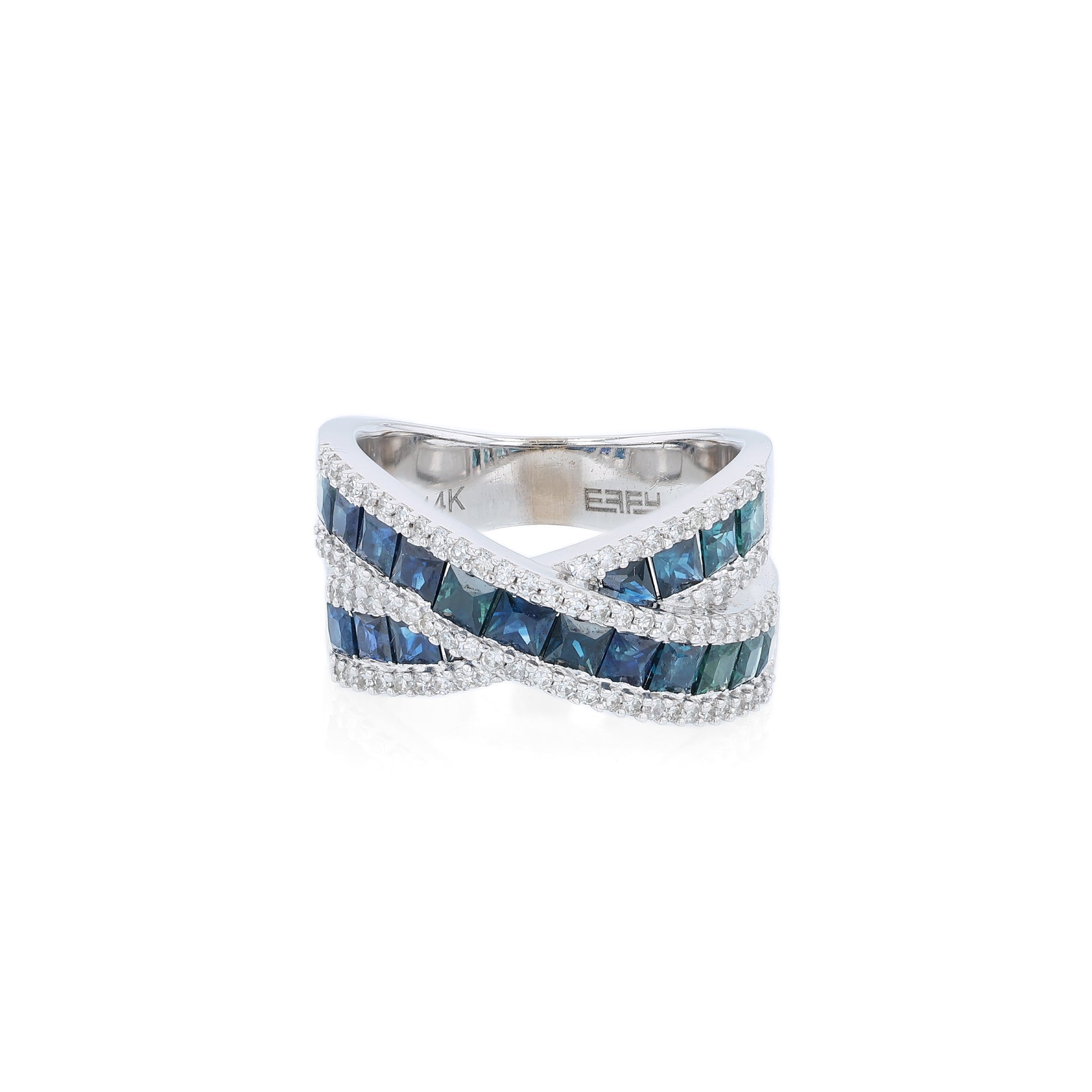 White gold crisscross design channel-set sapphire and diamond ring on a white background