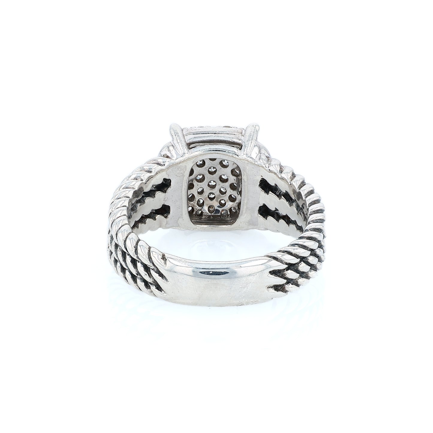 David Yurman silver split shank cable design ring with a pave diamond cushion center on a white background
