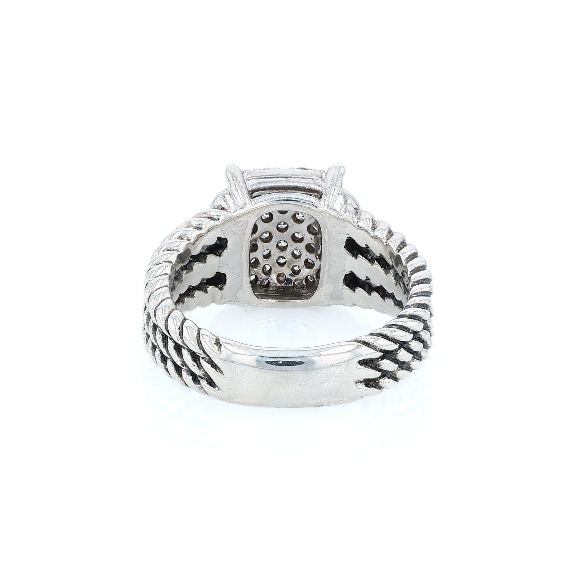 David Yurman silver split shank cable design ring with a pave diamond cushion center on a white background