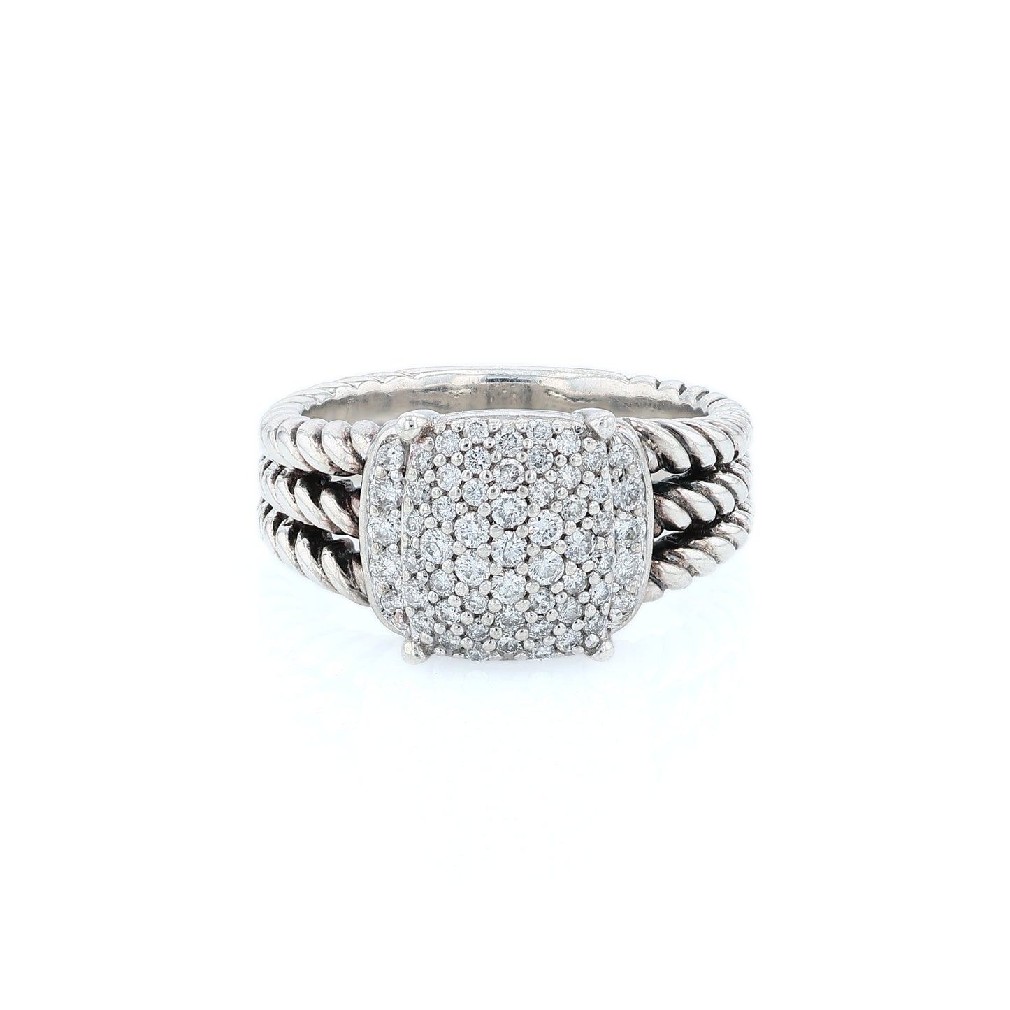 David Yurman silver split shank cable design ring with a pave diamond cushion center on a white background