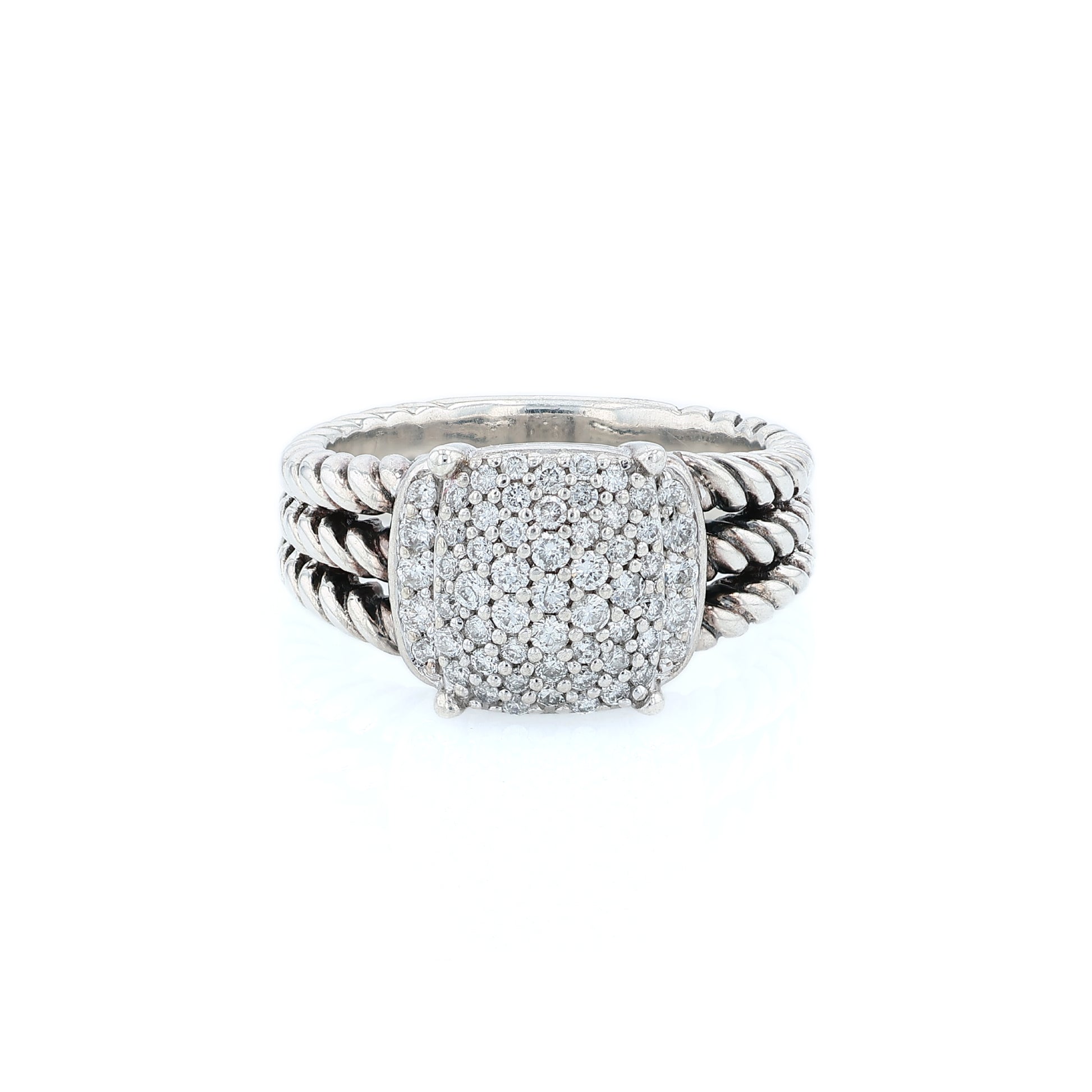 David Yurman silver split shank cable design ring with a pave diamond cushion center on a white background