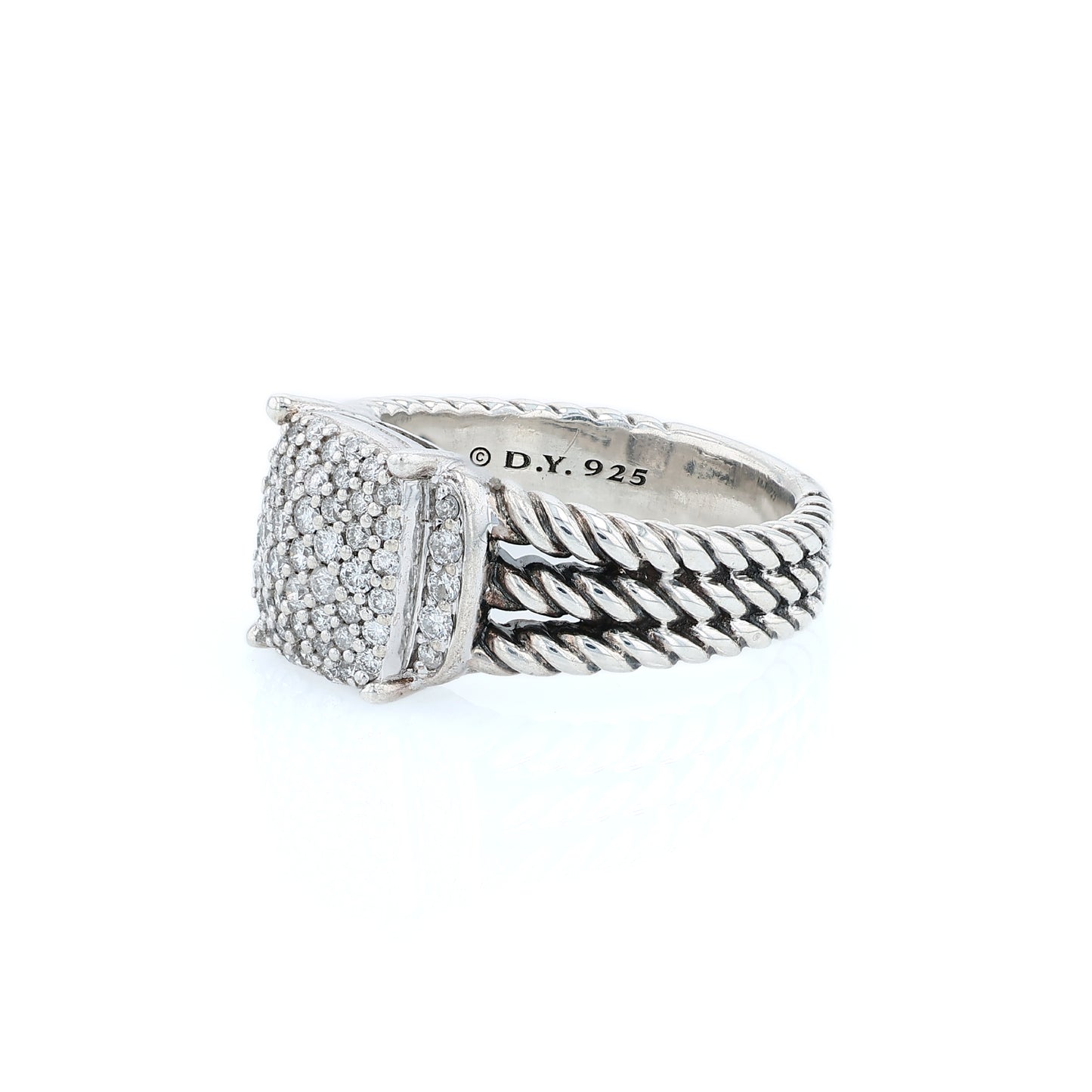 David Yurman silver split shank cable design ring with a pave diamond cushion center on a white background