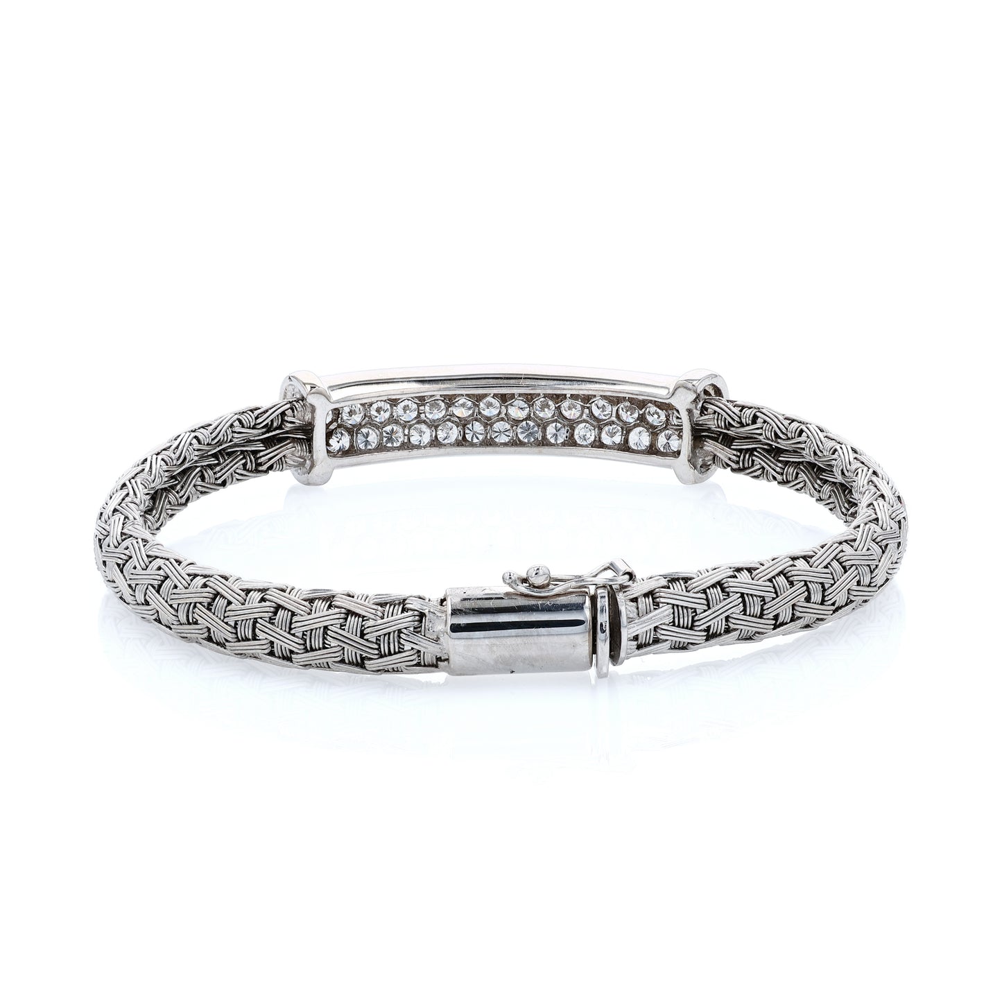 Estate 18k White Gold Soft Woven Design Diamond Center Bar Bangle Bracelet