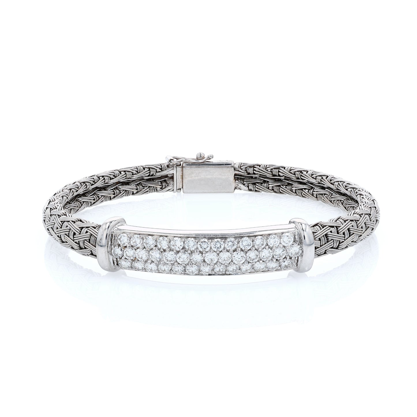 Estate 18k White Gold Soft Woven Design Diamond Center Bar Bangle Bracelet