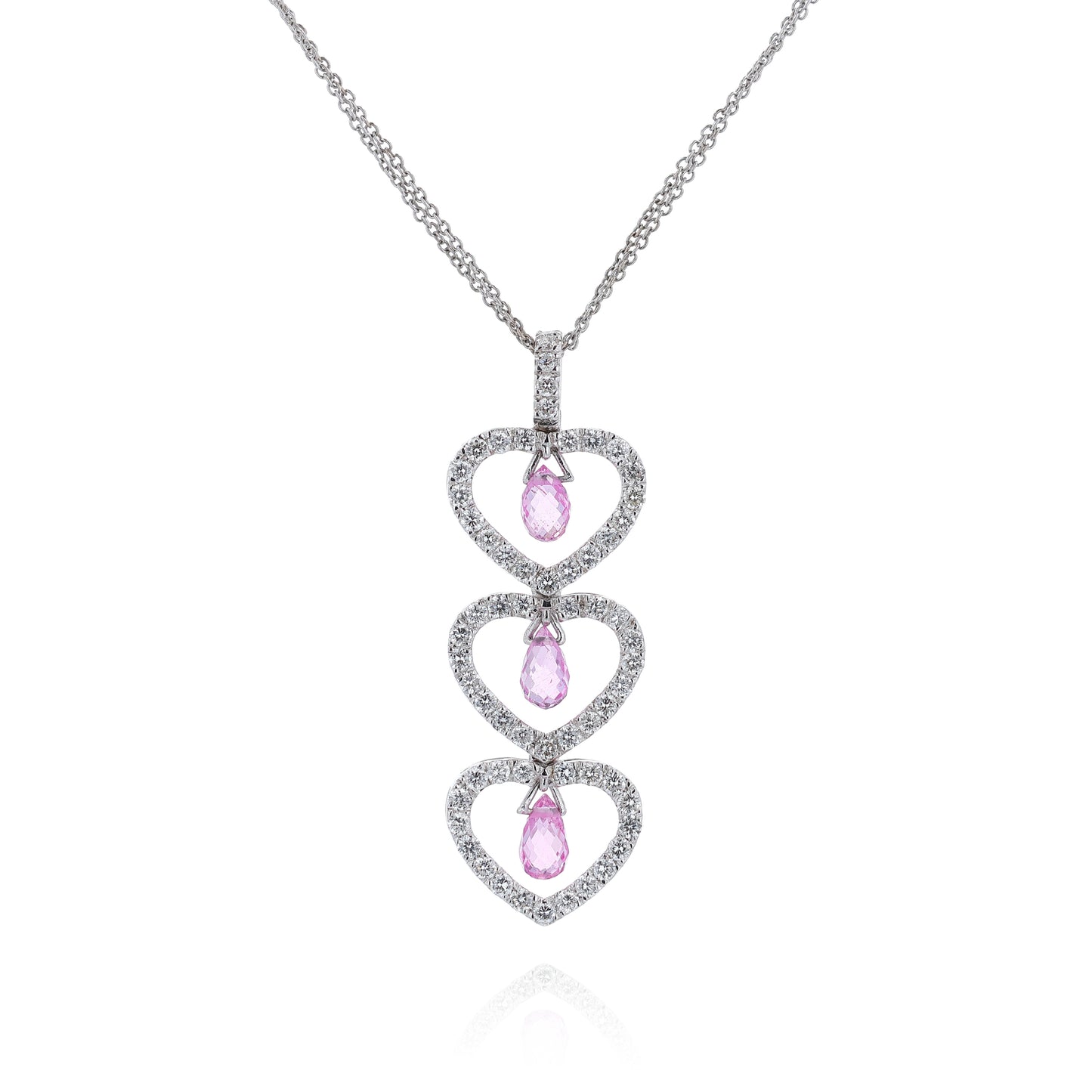 Estate 18k White Gold Triple Heart Drop Pink Sapphire and Diamond Halo Pendant Necklace