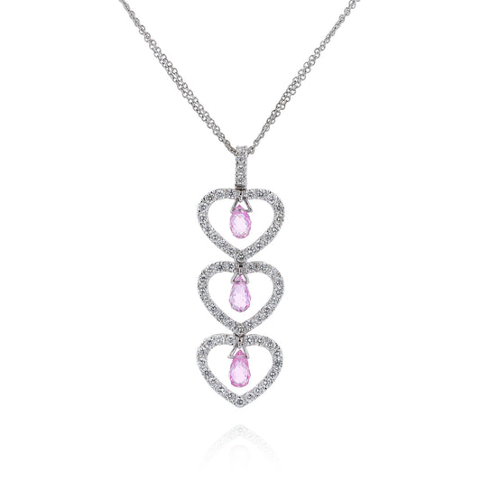 Estate 18k White Gold Triple Heart Drop Pink Sapphire and Diamond Halo Pendant Necklace