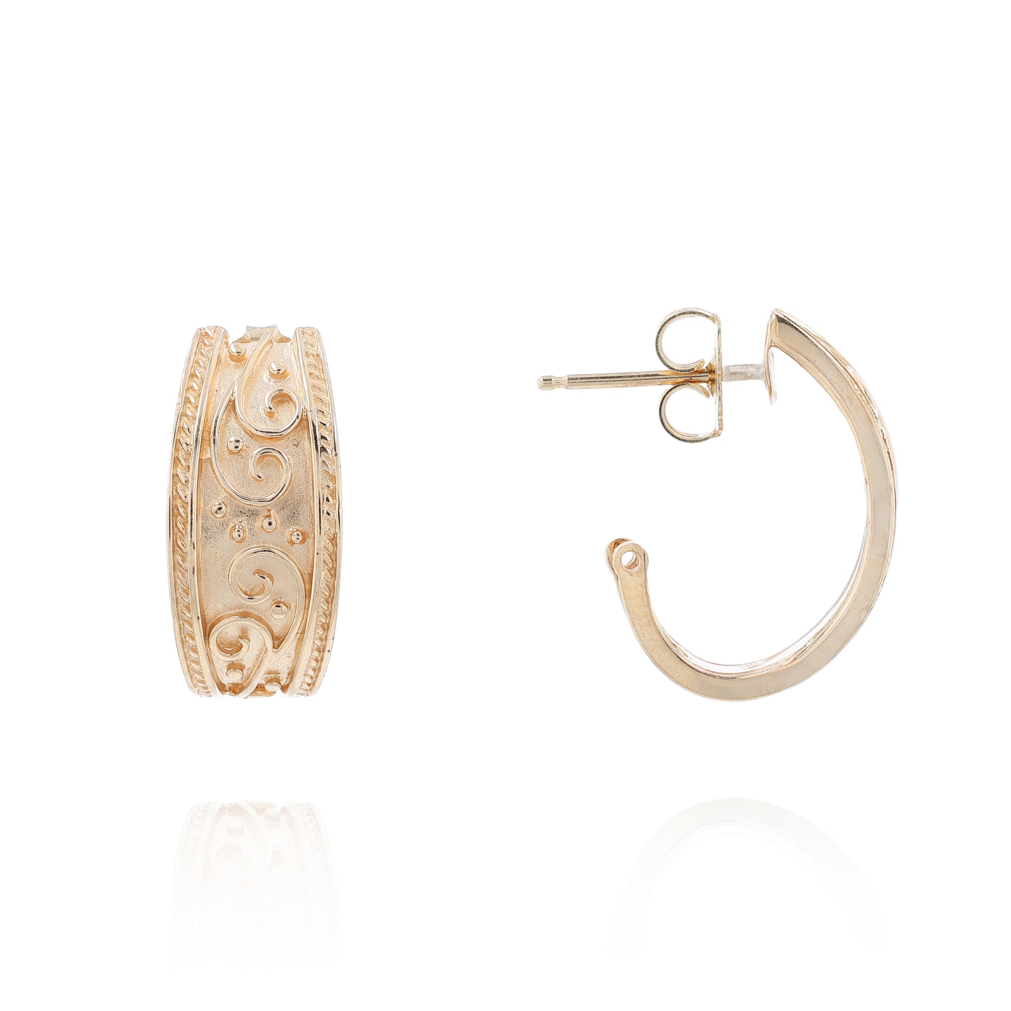 Estate 14k Yellow Gold Tapered Brushed Scroll Center Rope Border Hoop ...