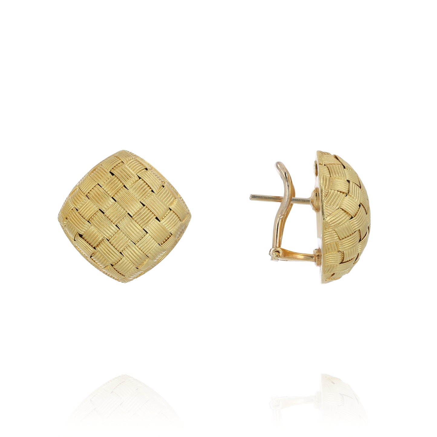 Gold basket woven earrings on a white background