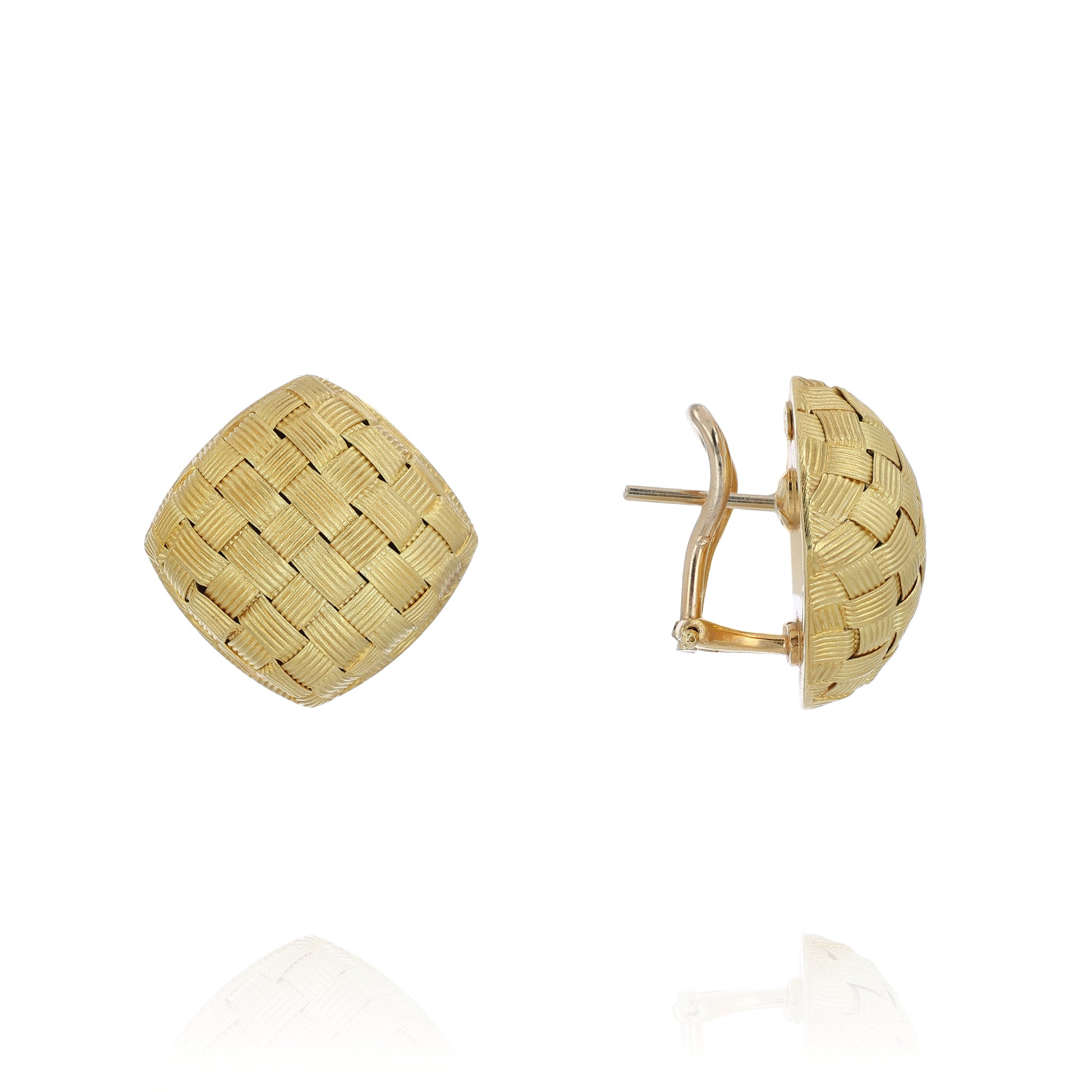 Gold basket woven earrings on a white background