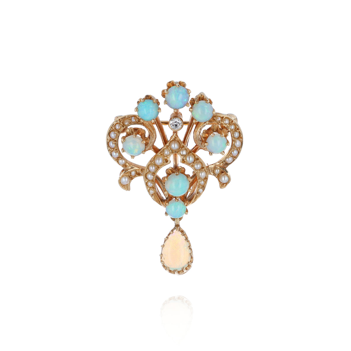 Estate 14k Yellow Gold Intricate Opal and Pearl Interchangeable Pin & Pendant