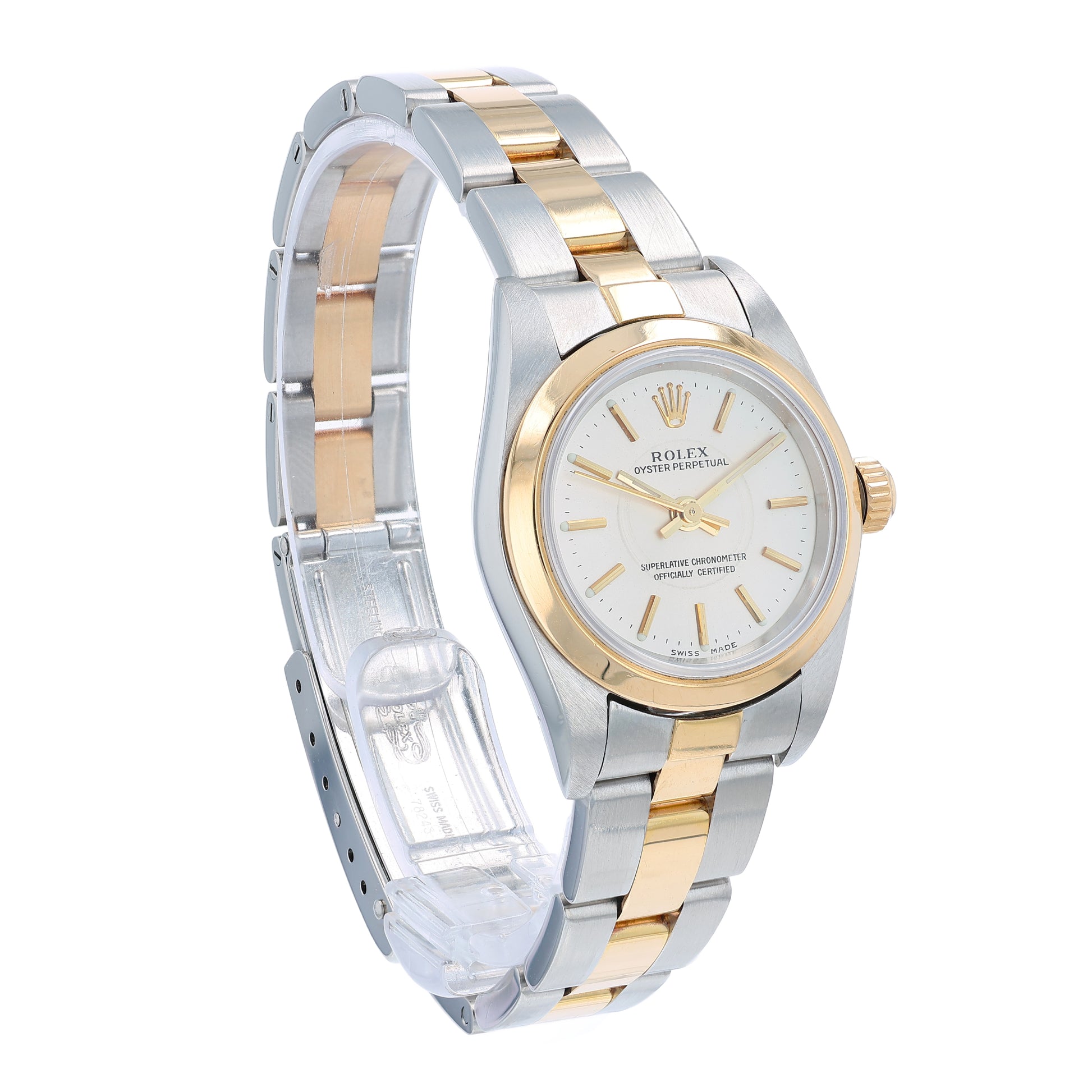 Angle of a two-tone Rolex watch with a silver dial on a white background