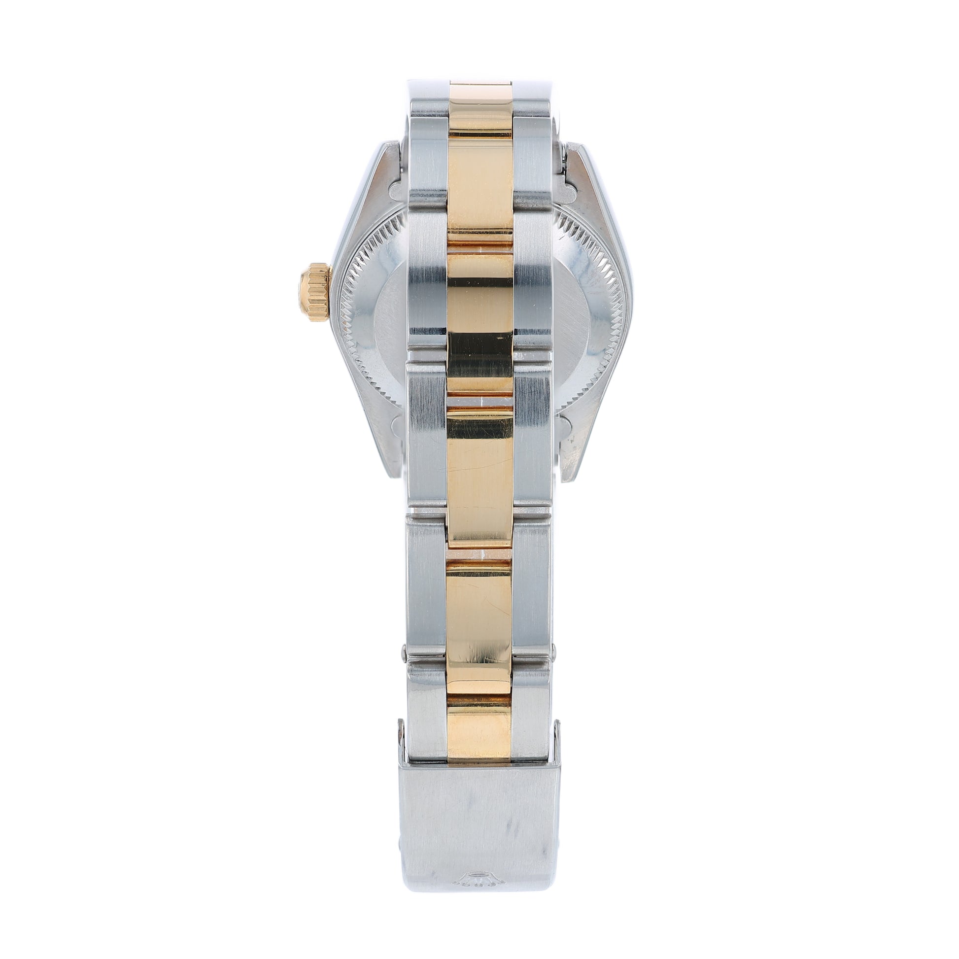 Back angle of a Two-tone Rolex watch on a white background