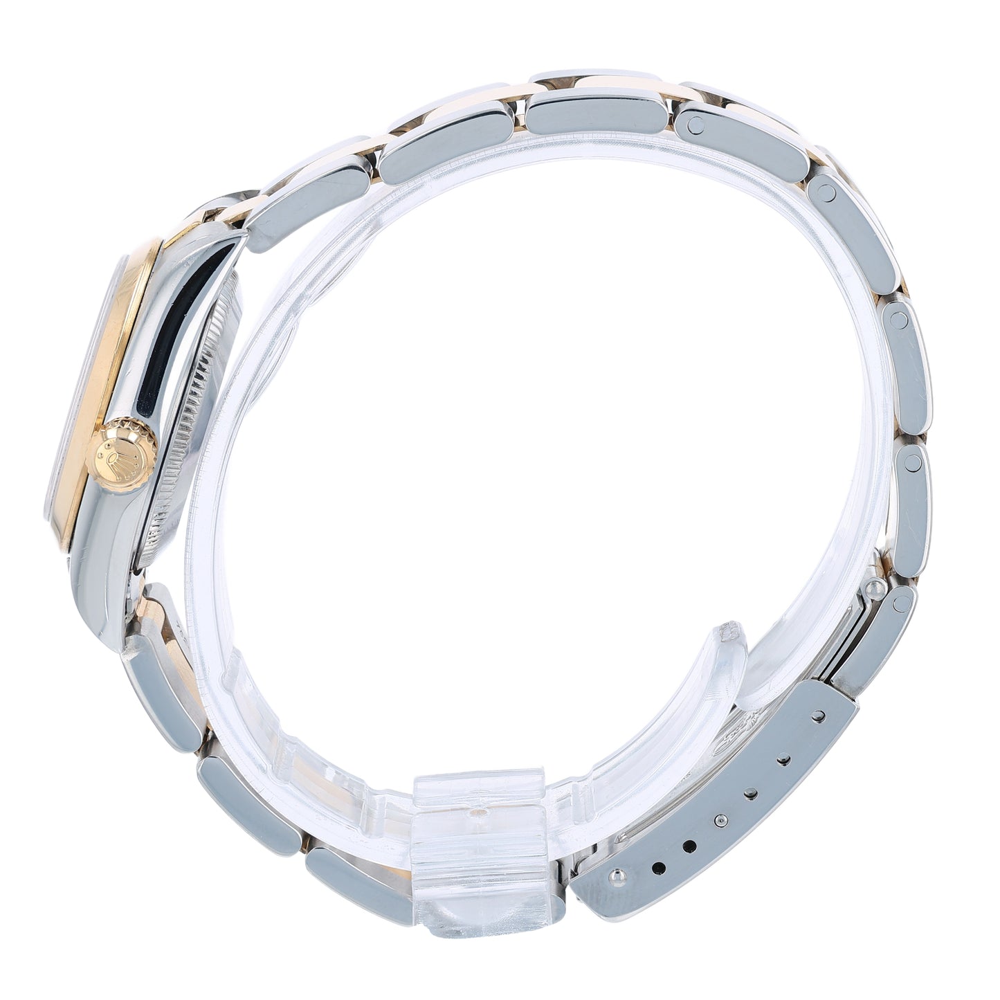 Side profile of a two-tone Rolex watch on a white background