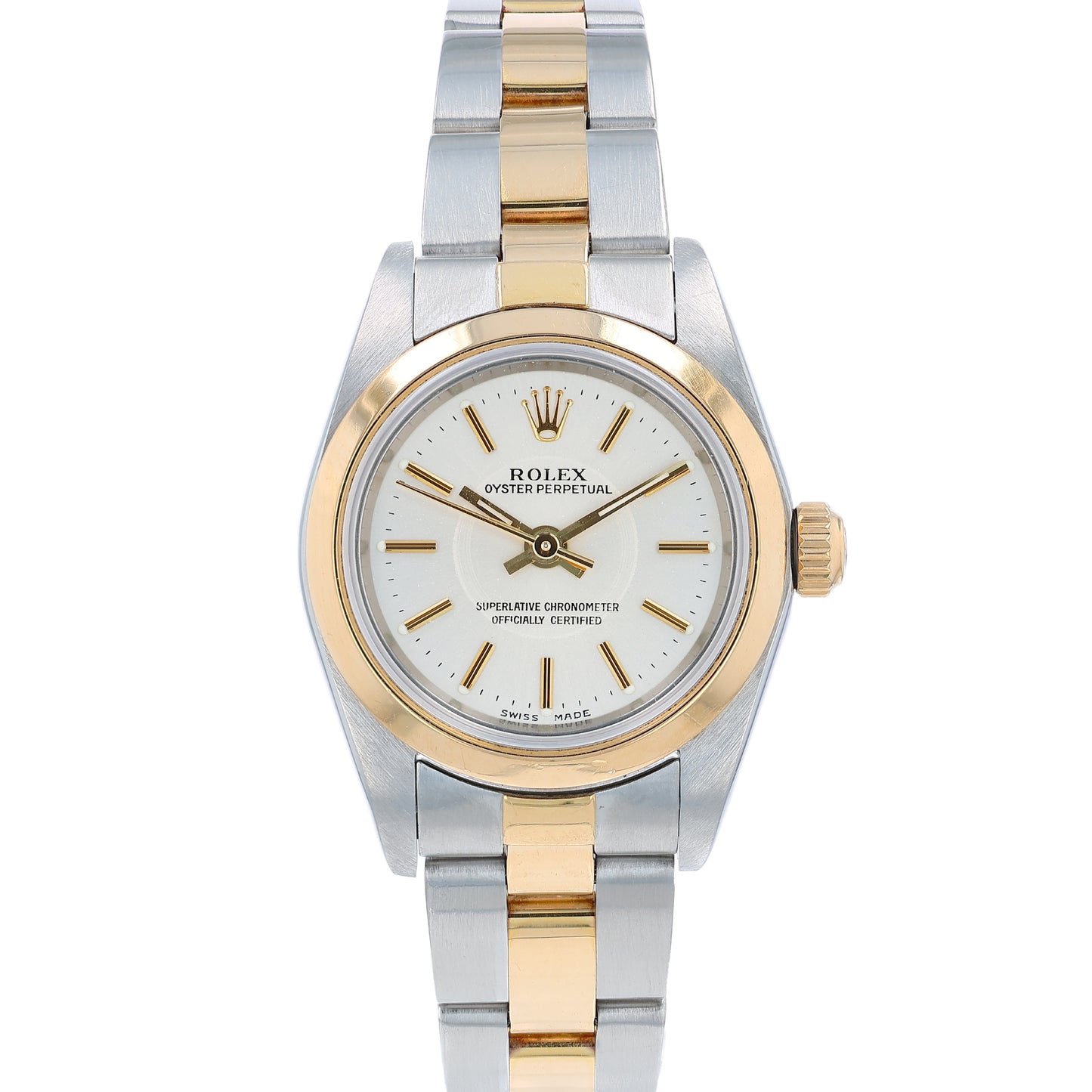 Two-tone Rolex watch with a silver dial on a white background