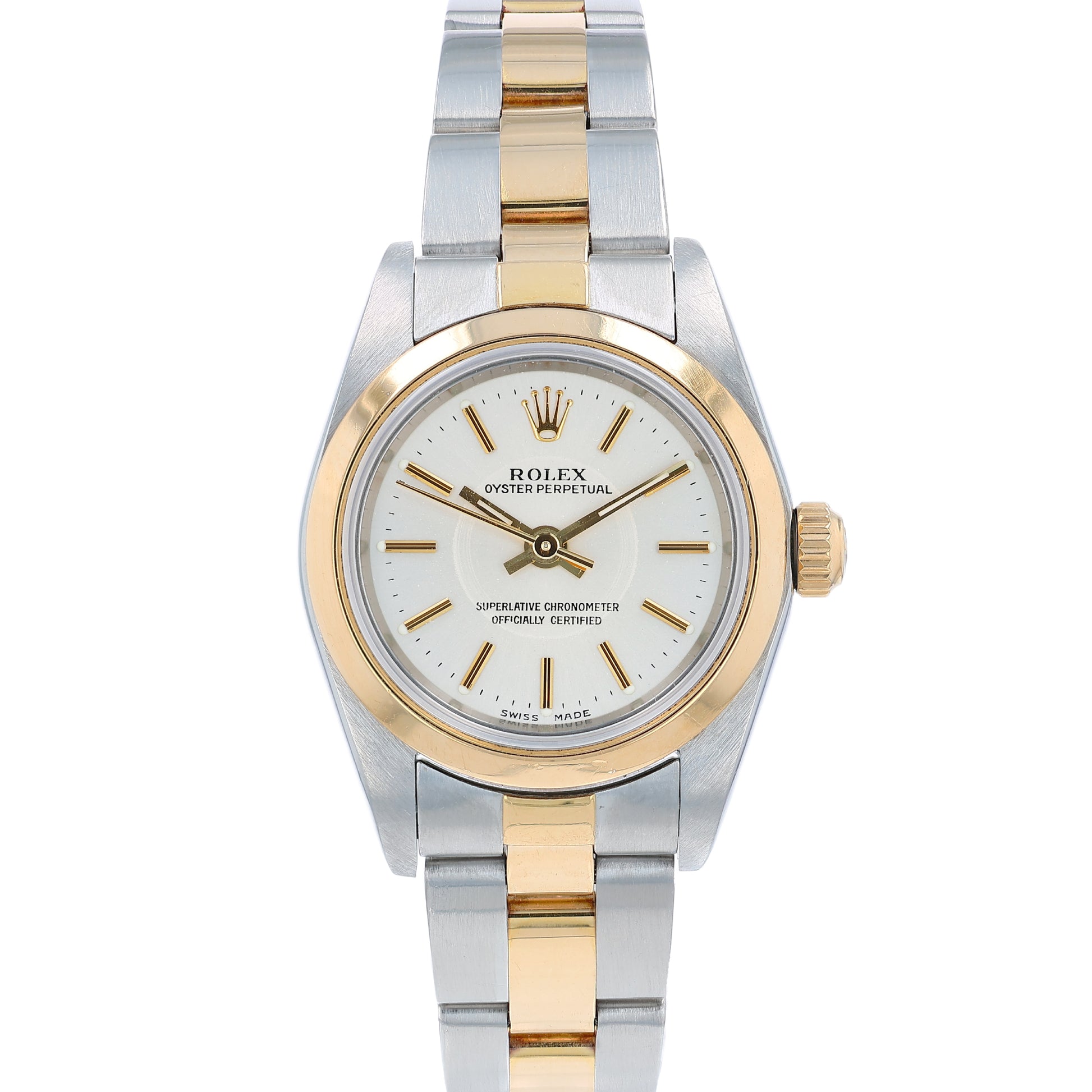 Two-tone Rolex watch with a silver dial on a white background