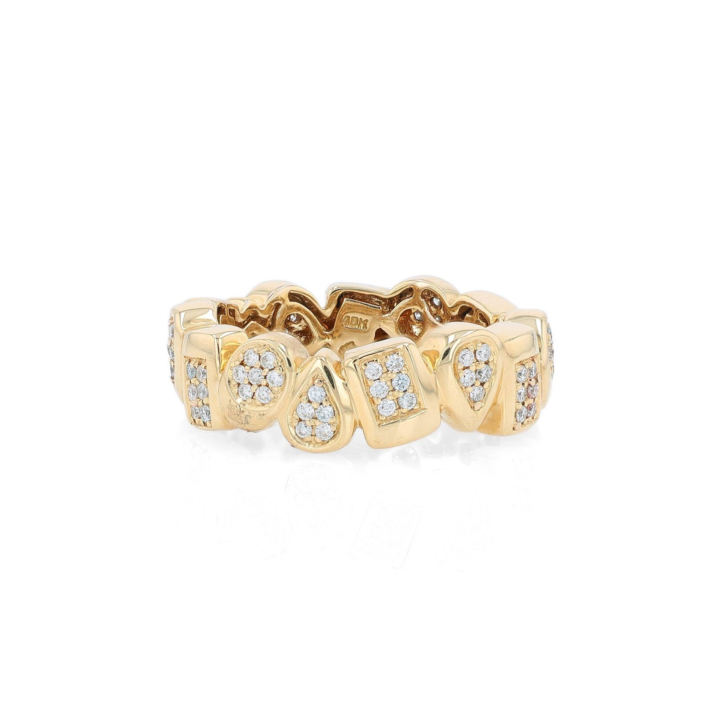 Yellow gold geometric shape design diamond eternity band on a white background
