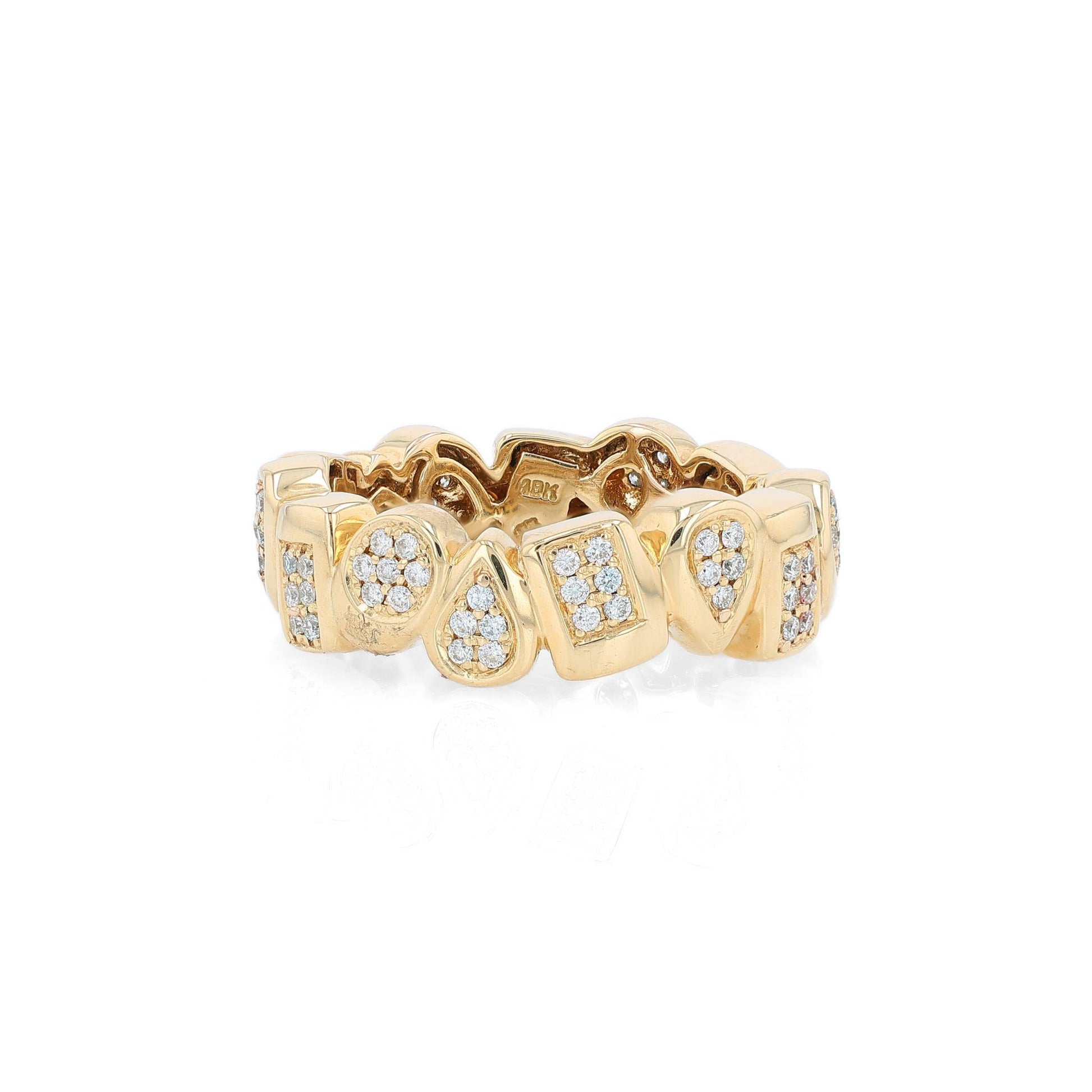 Yellow gold geometric shape design diamond eternity band on a white background