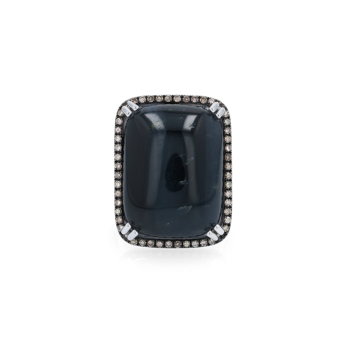 White gold ring with a rectangle cushion cabochon dyed blue cat's eye and a brown single cut diamond halo on a white background