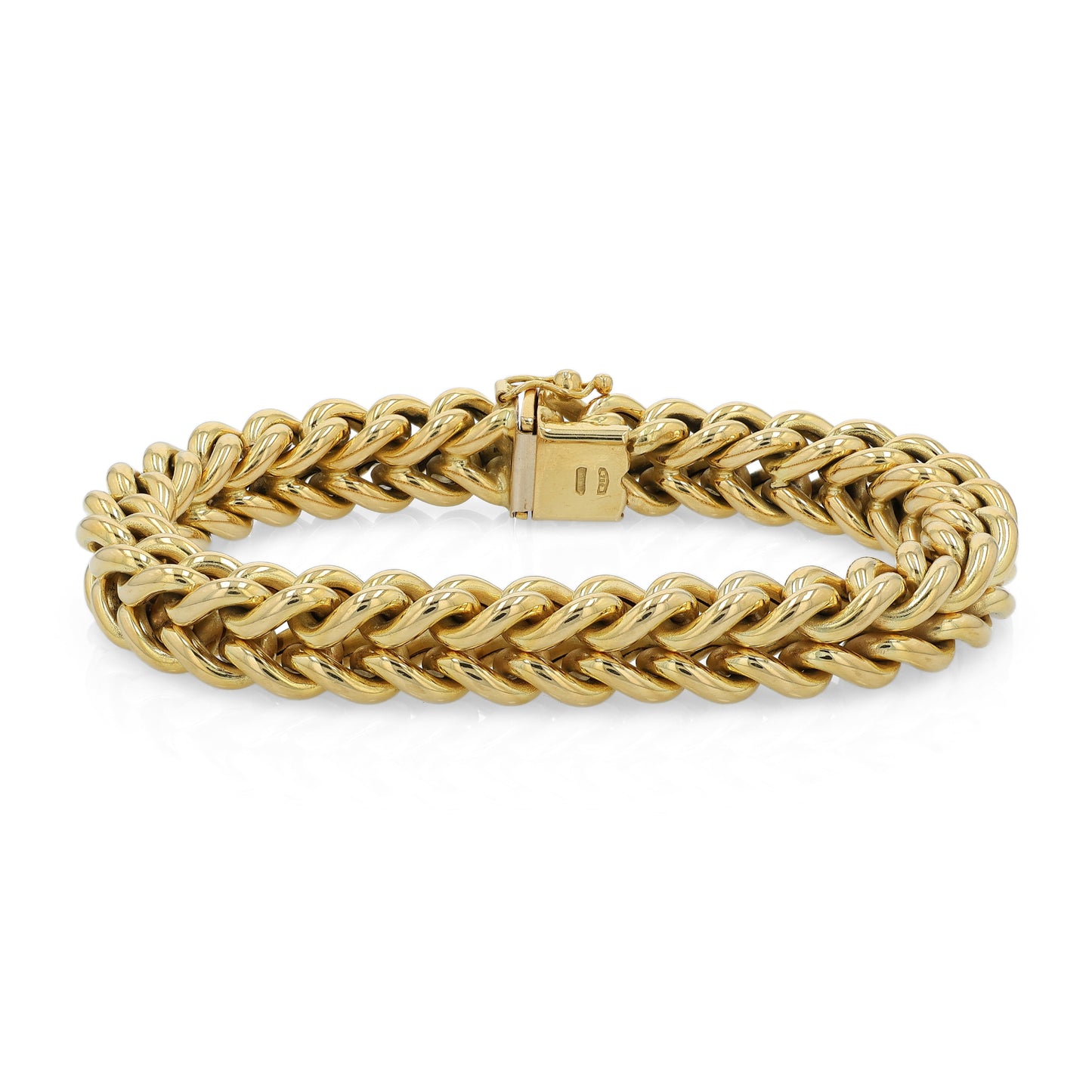Yellow gold braided link chain bracelet on a white background