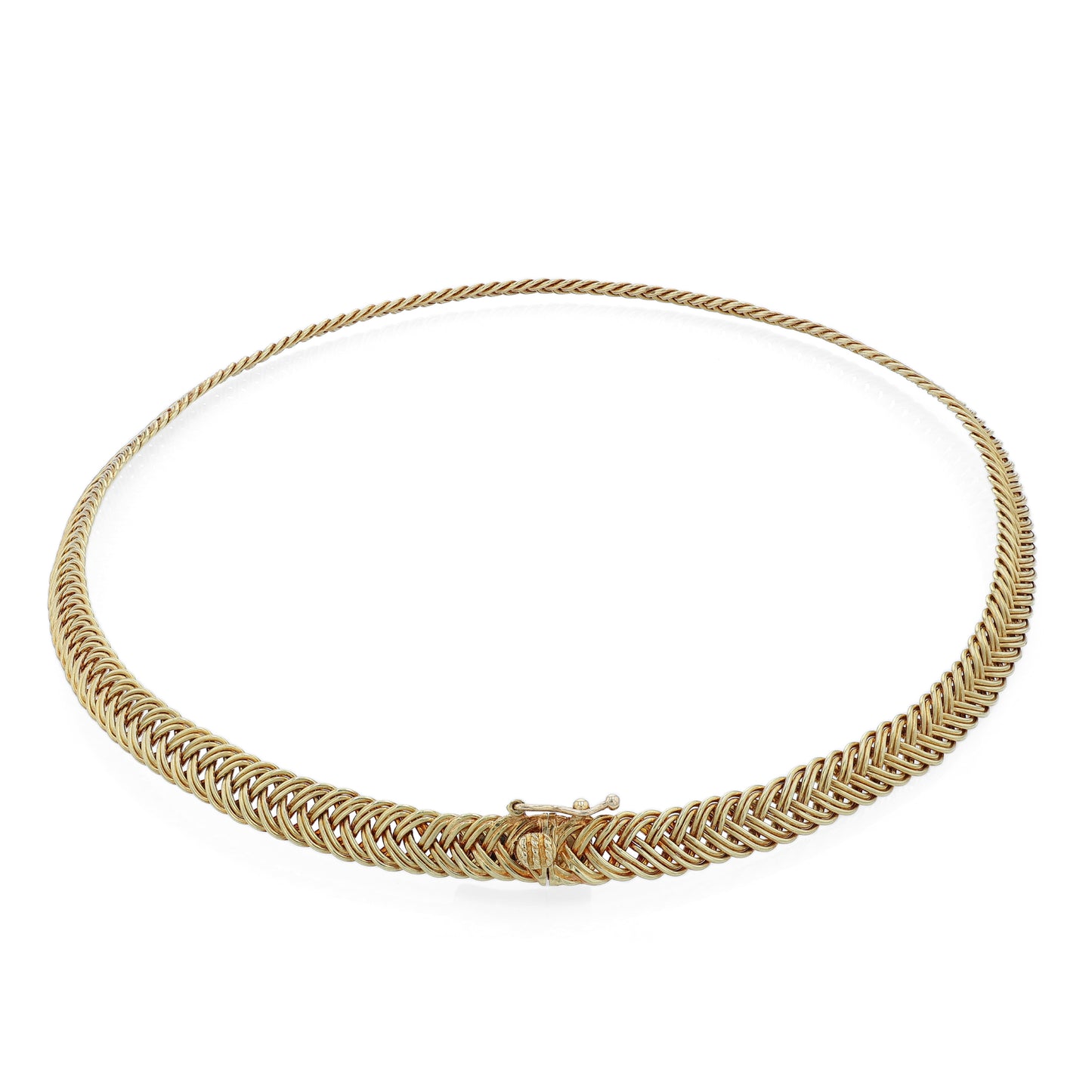 Yellow gold braided collar necklace on a white background