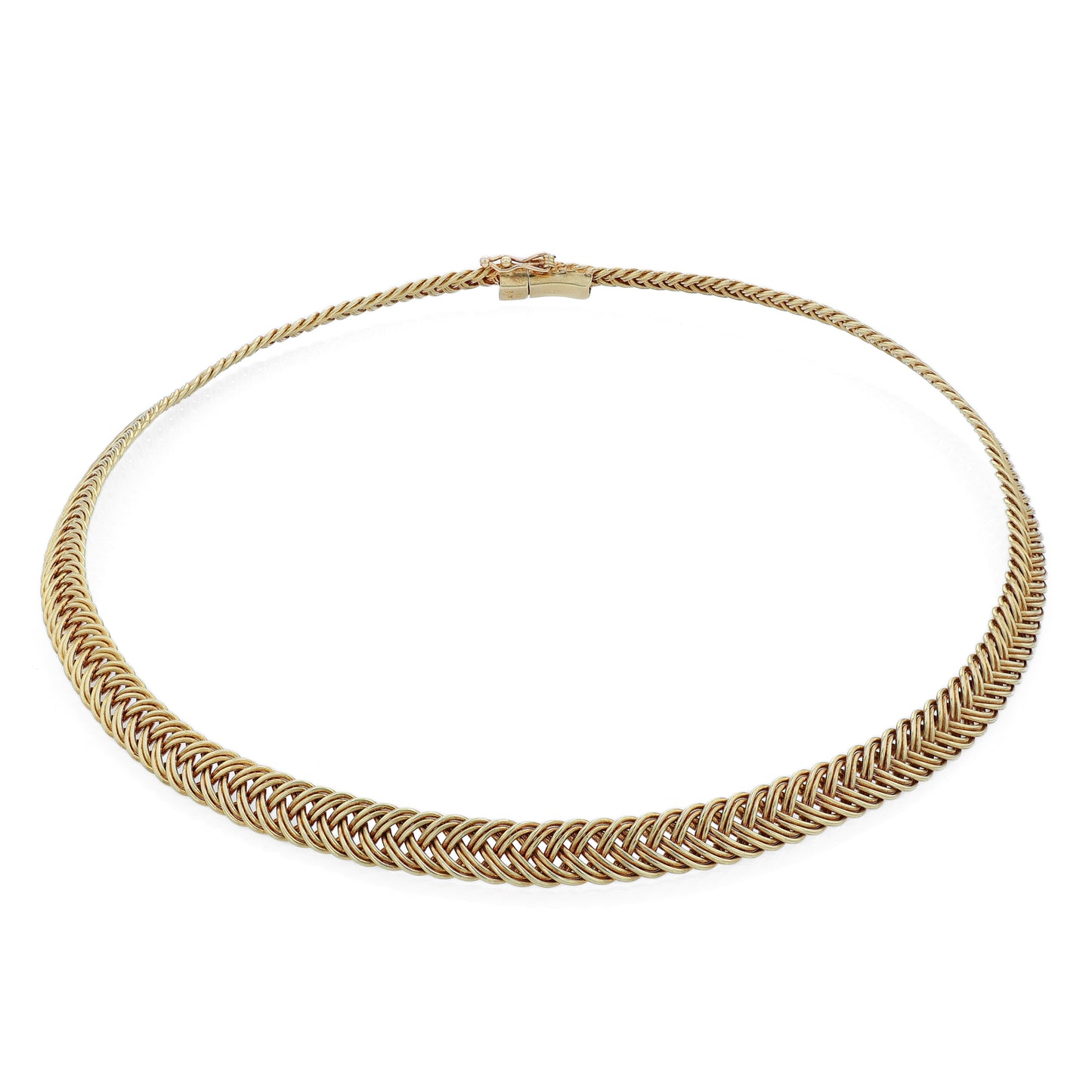 Yellow gold braided collar necklace on a white background