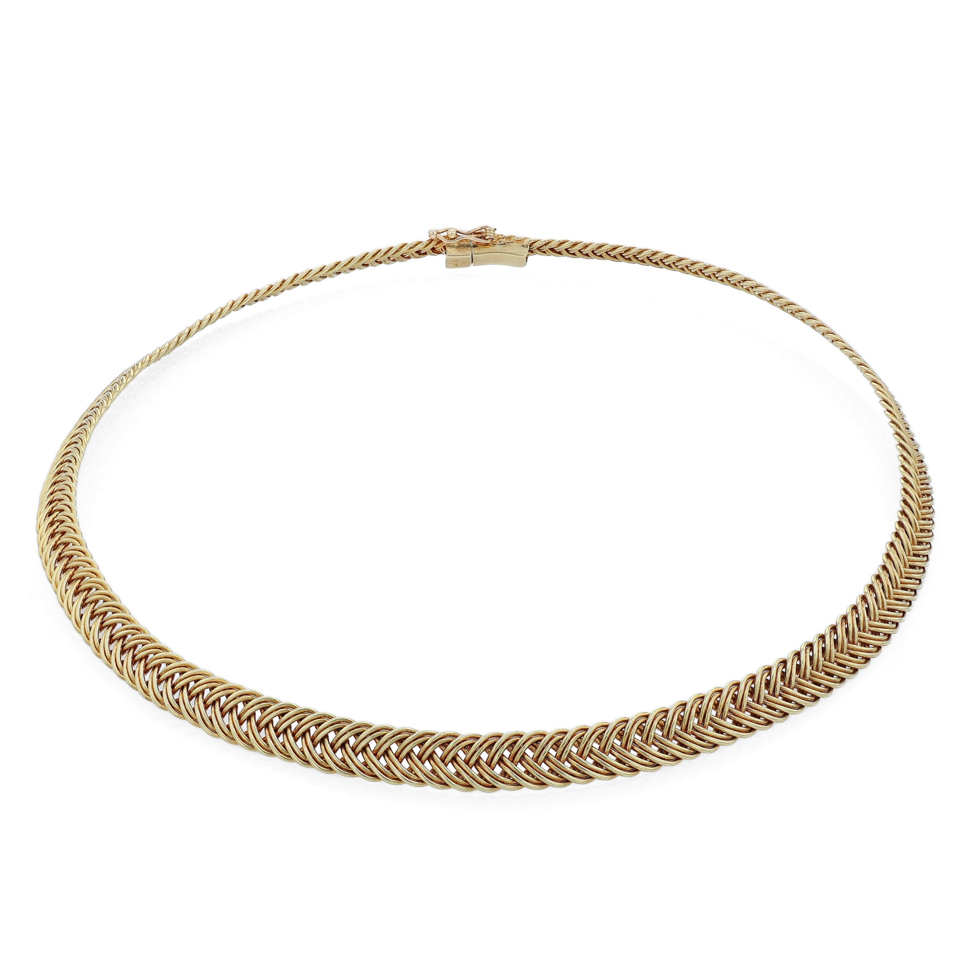 Yellow gold braided collar necklace on a white background