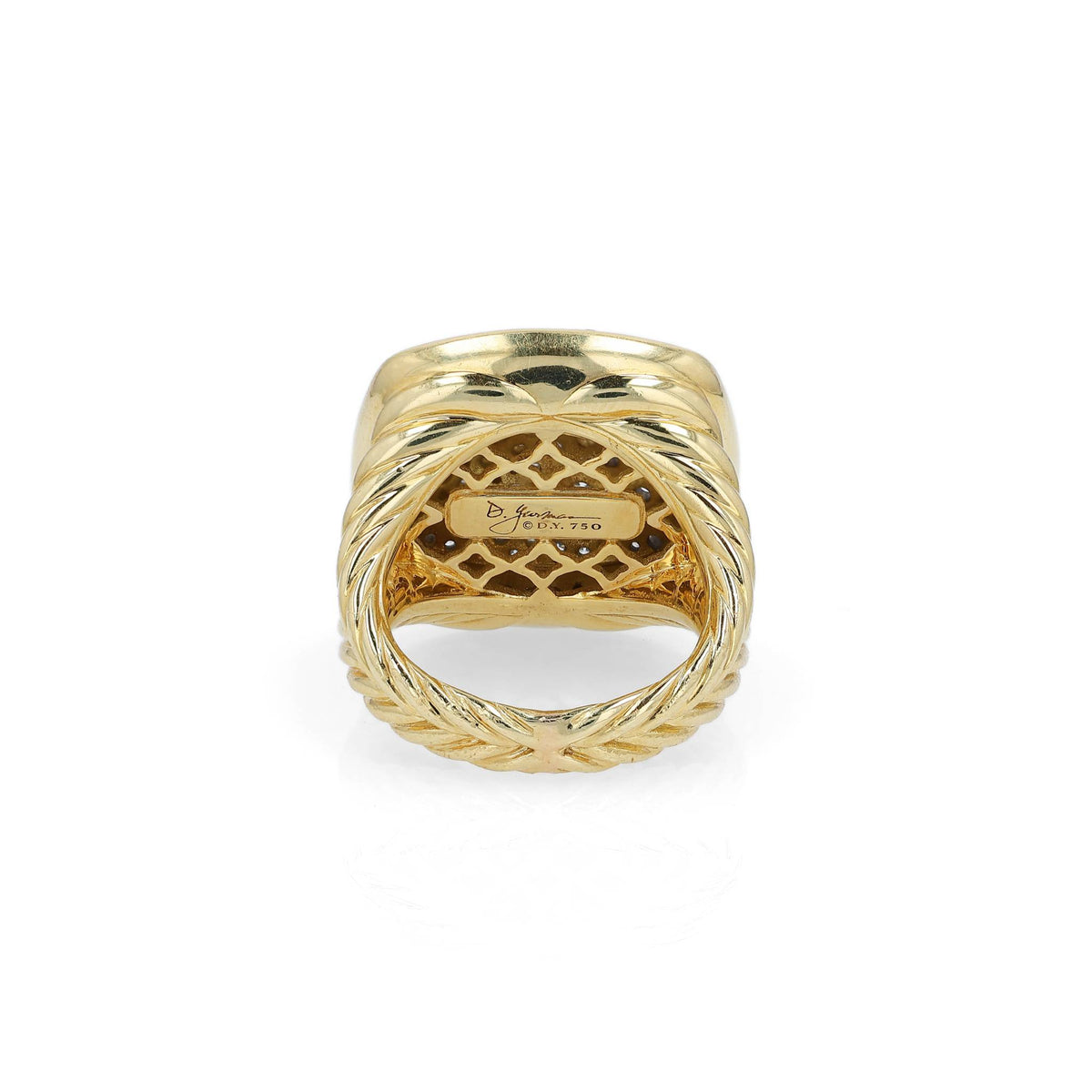 A yellow gold David Yurman signet ring featuring a square-shaped pavé diamond face and a twisted cable band, set against a clean white background.