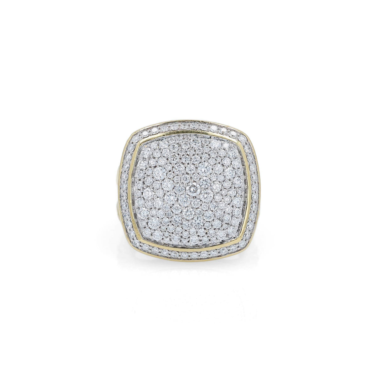 A yellow gold David Yurman signet ring featuring a square-shaped pavé diamond face and a twisted cable band, set against a clean white background.