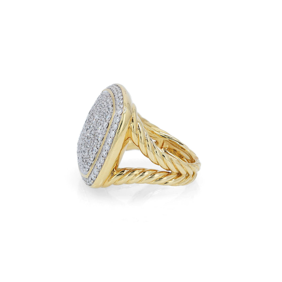 A yellow gold David Yurman signet ring featuring a square-shaped pavé diamond face and a twisted cable band, set against a clean white background.