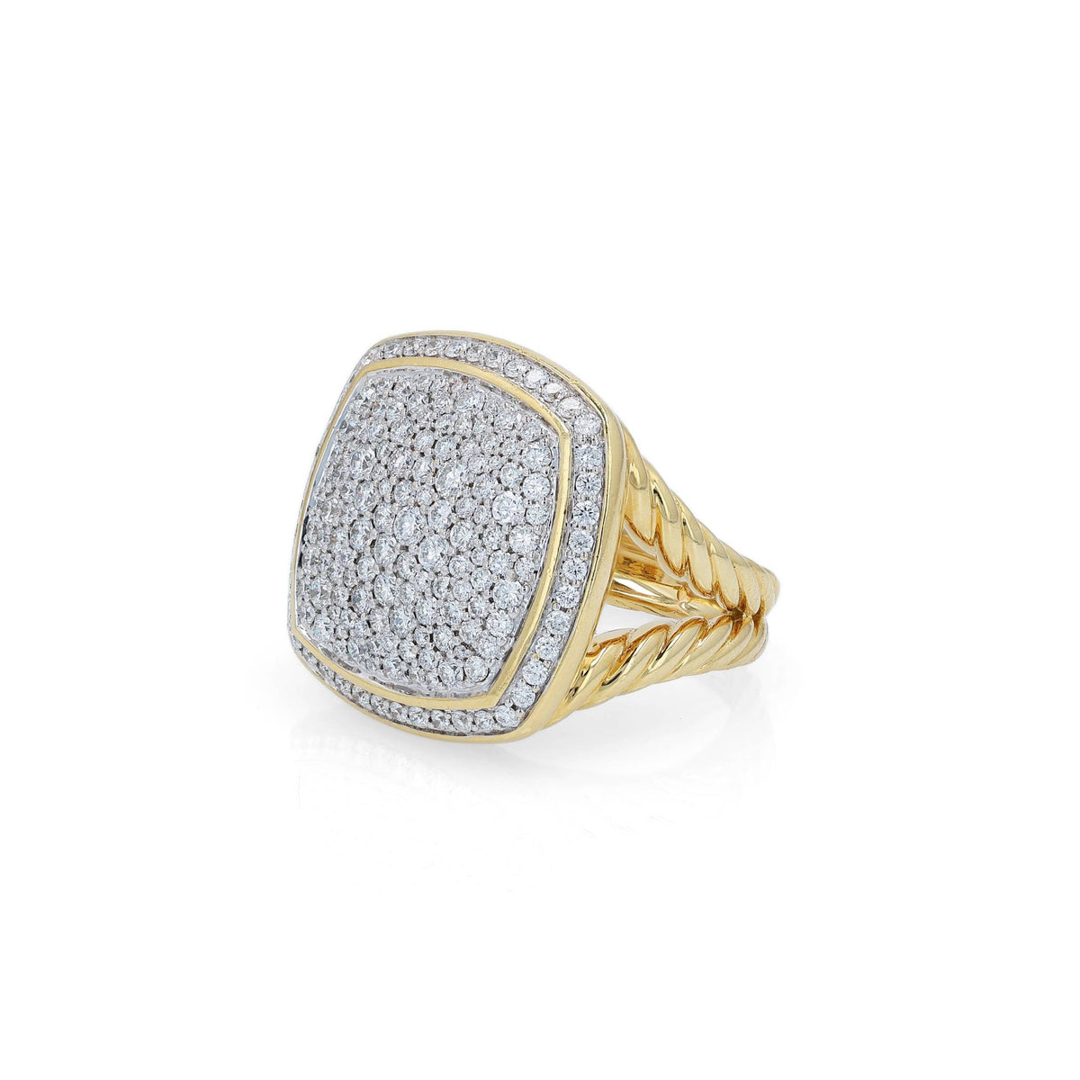 A yellow gold David Yurman signet ring featuring a square-shaped pavé diamond face and a twisted cable band, set against a clean white background.